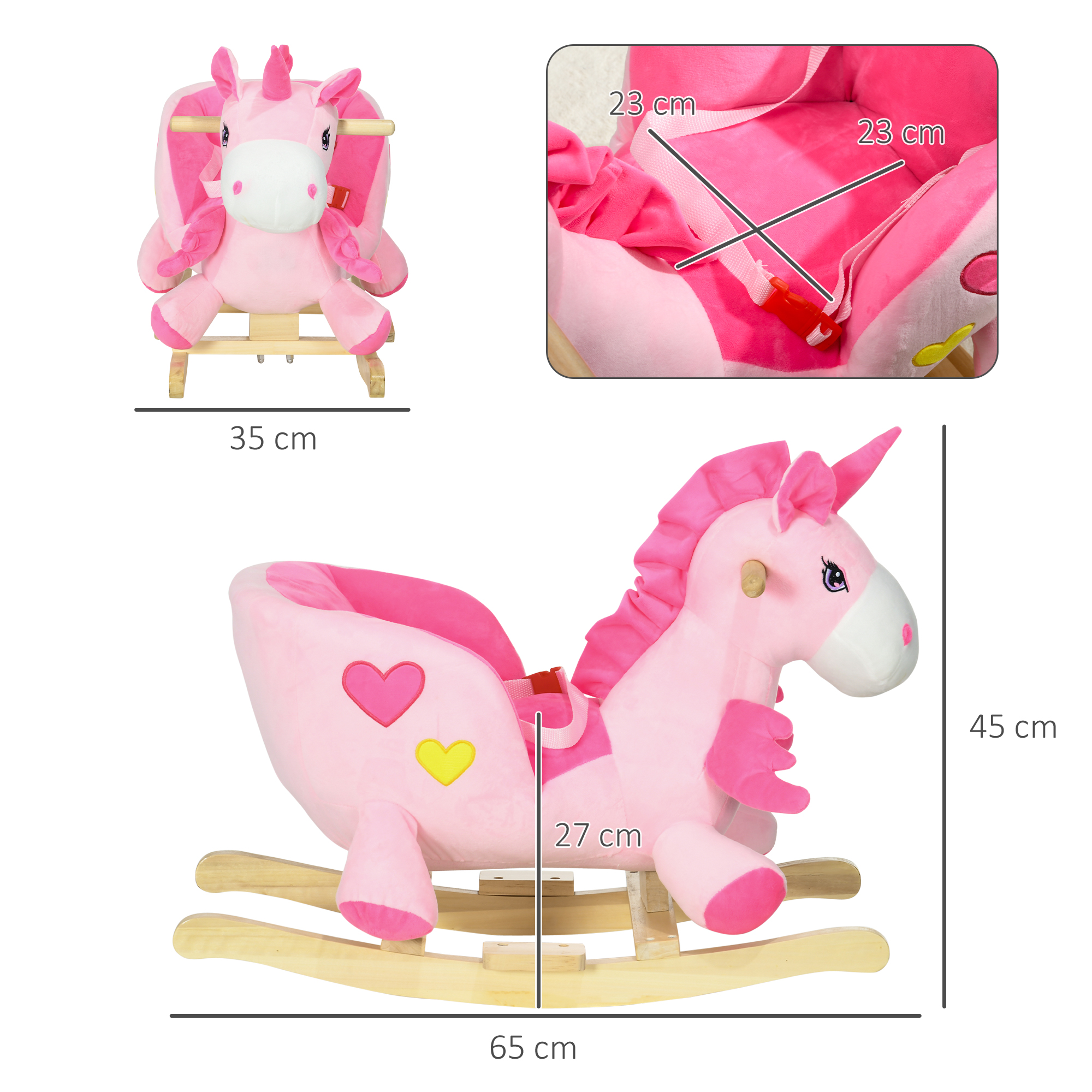 Un cavallo a dondolo unicorno rosa con dimensioni visualizzate.