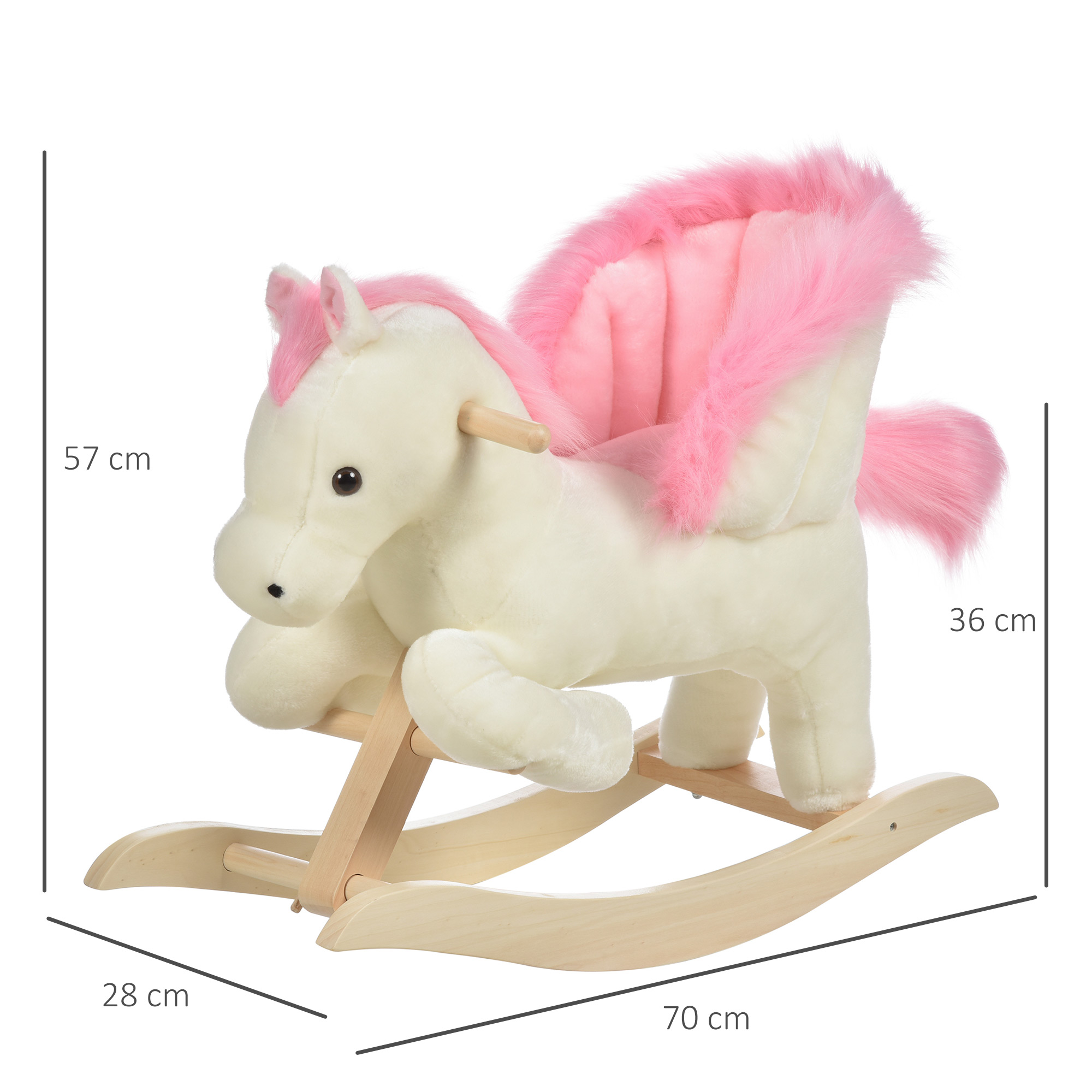 Cavallo a dondolo bianco con criniera e coda rosa. Le misure sono indicate.