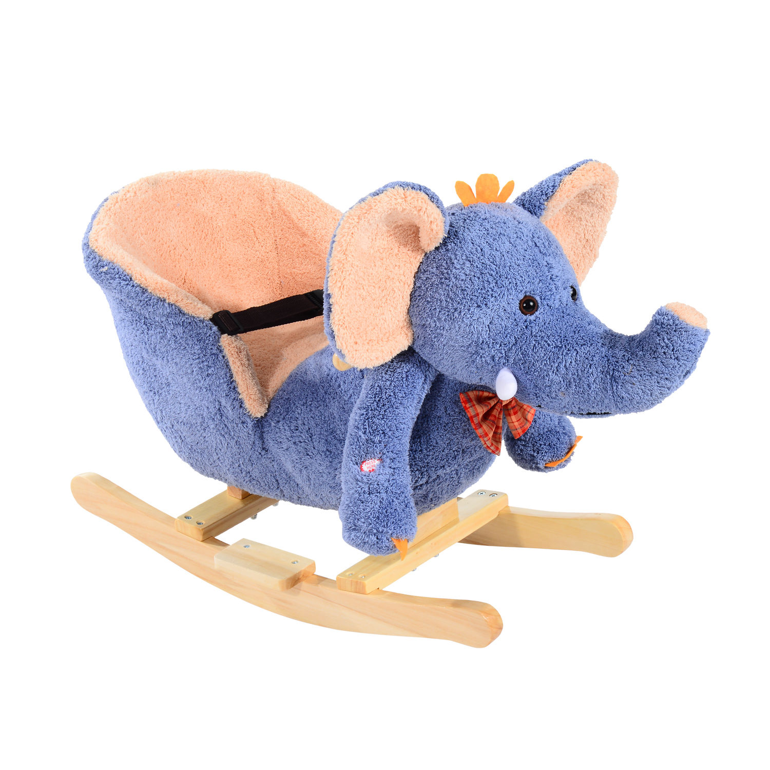 Un cavallo a dondolo elefante blu con dimensioni visualizzate.