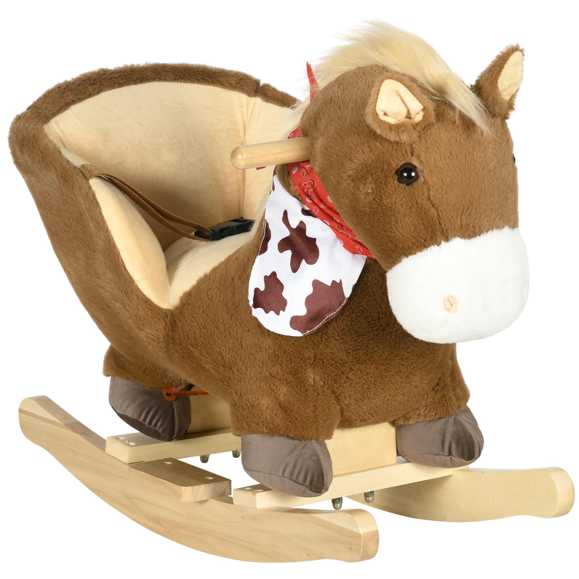 Cavallo a dondolo marrone con bandana rossa, su una base di legno.