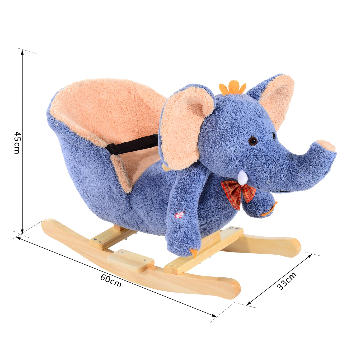 Un giocattolo a dondolo a forma di elefante blu con seduta arancione e dondoli in legno, su sfondo bianco.