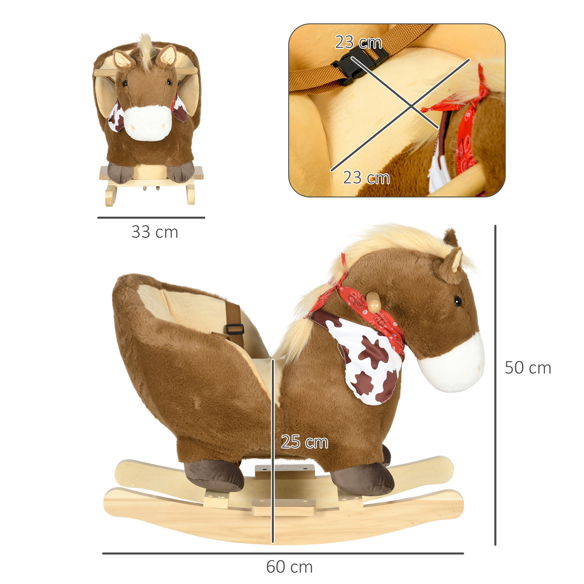 Un cavallo a dondolo cavallo marrone con dimensioni visualizzate.