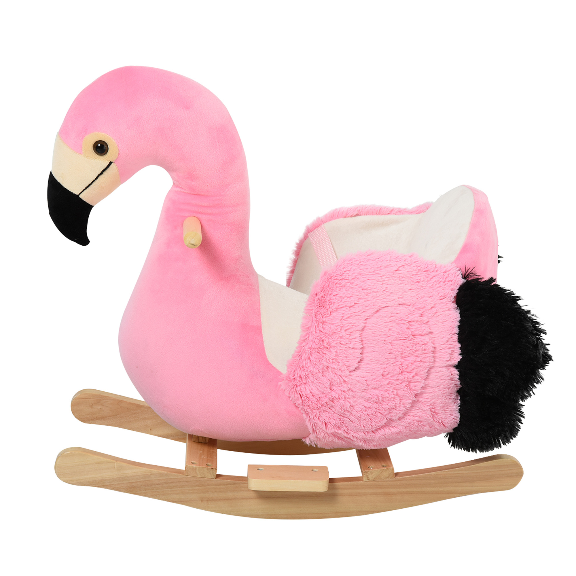 Giocattolo a dondolo fenicottero rosa. Becco e coda neri. Corpo rosa. Bilancieri in legno. Piume bianche.