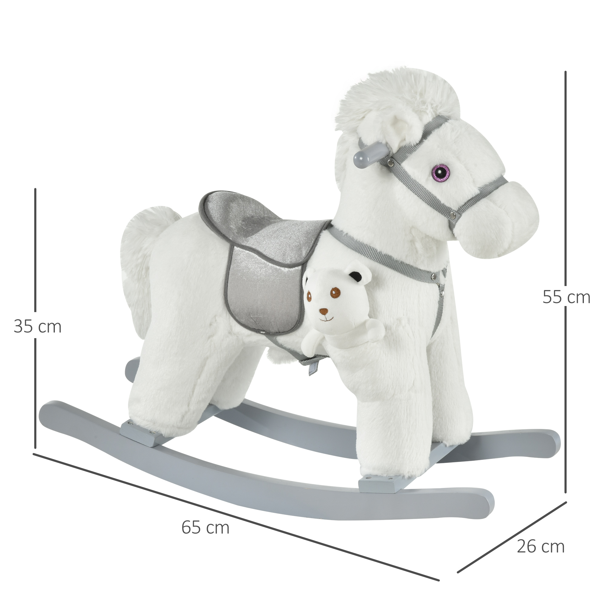 Cavallo a dondolo bianco con sella grigia e un orsacchiotto attaccato, su base grigia.