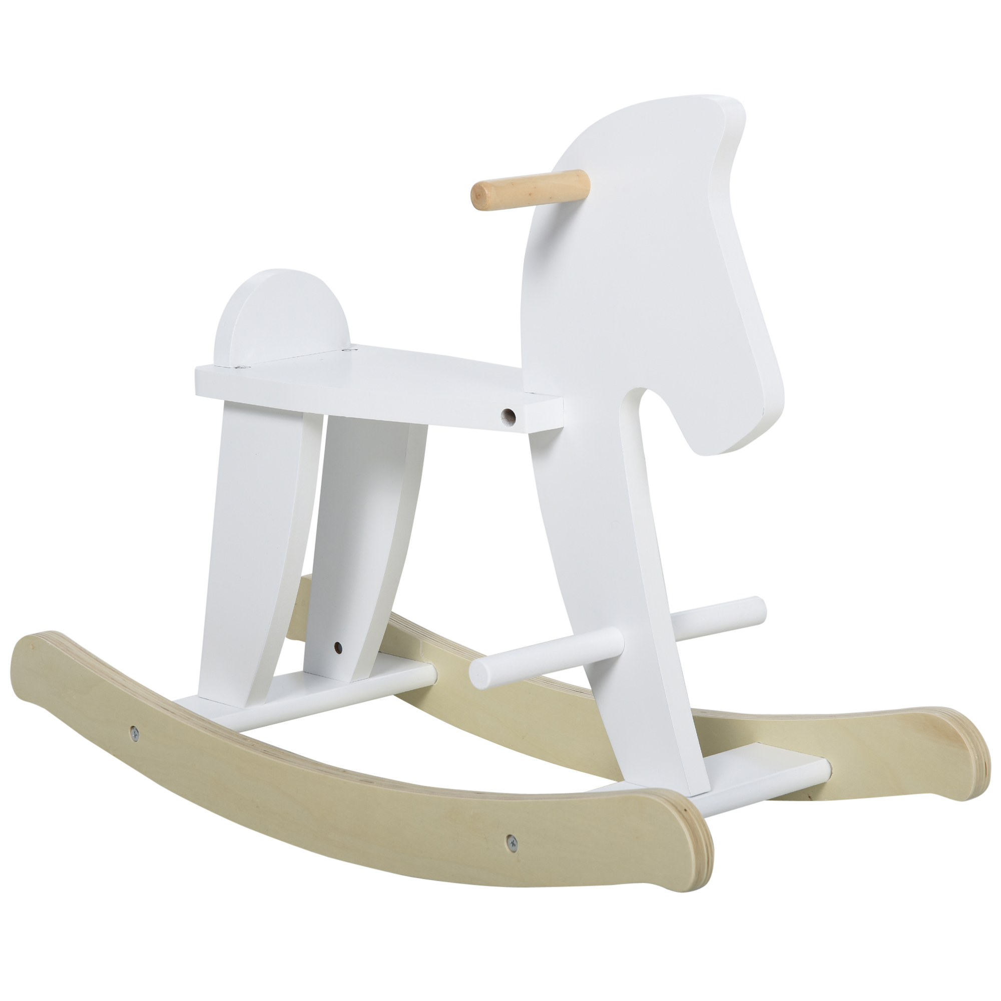 Cavallo a dondolo bianco con base in legno. Cavallo bianco con sedile in legno. Design bianco.