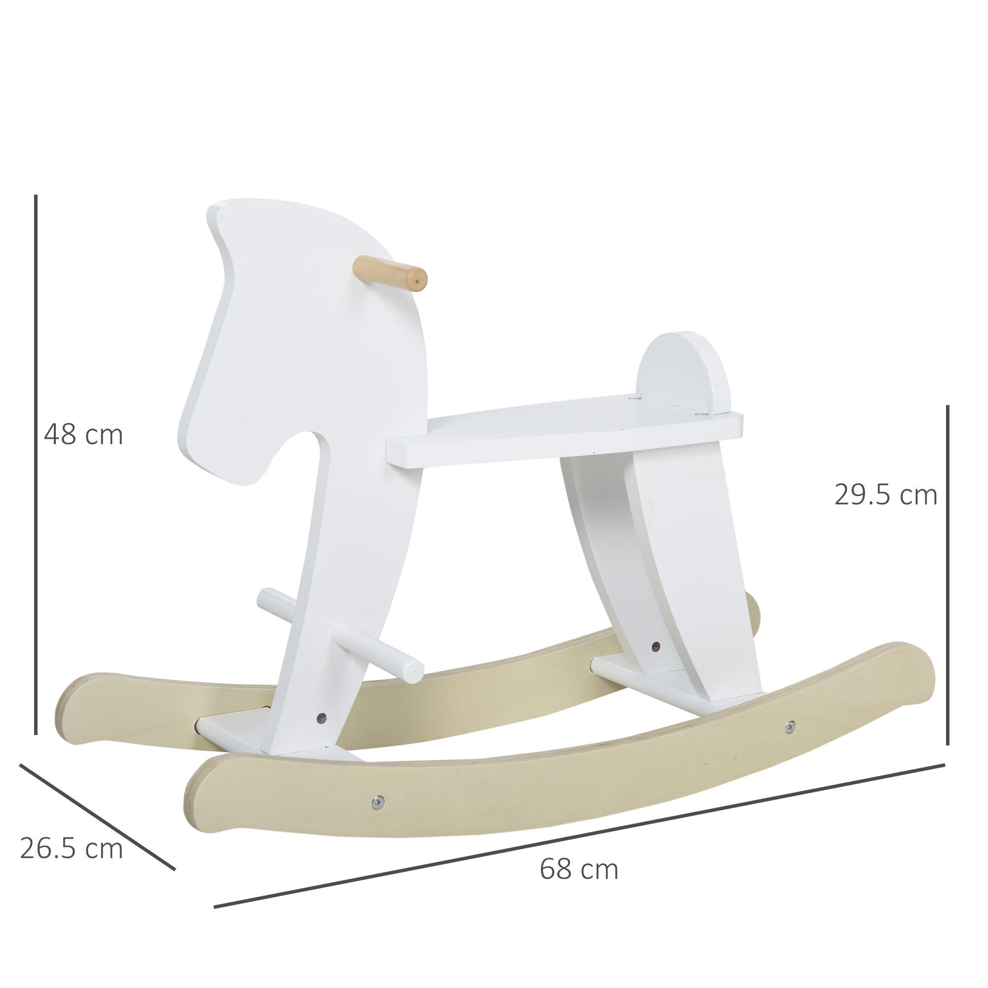 Un cavallo a dondolo bianco con dimensioni visualizzate.