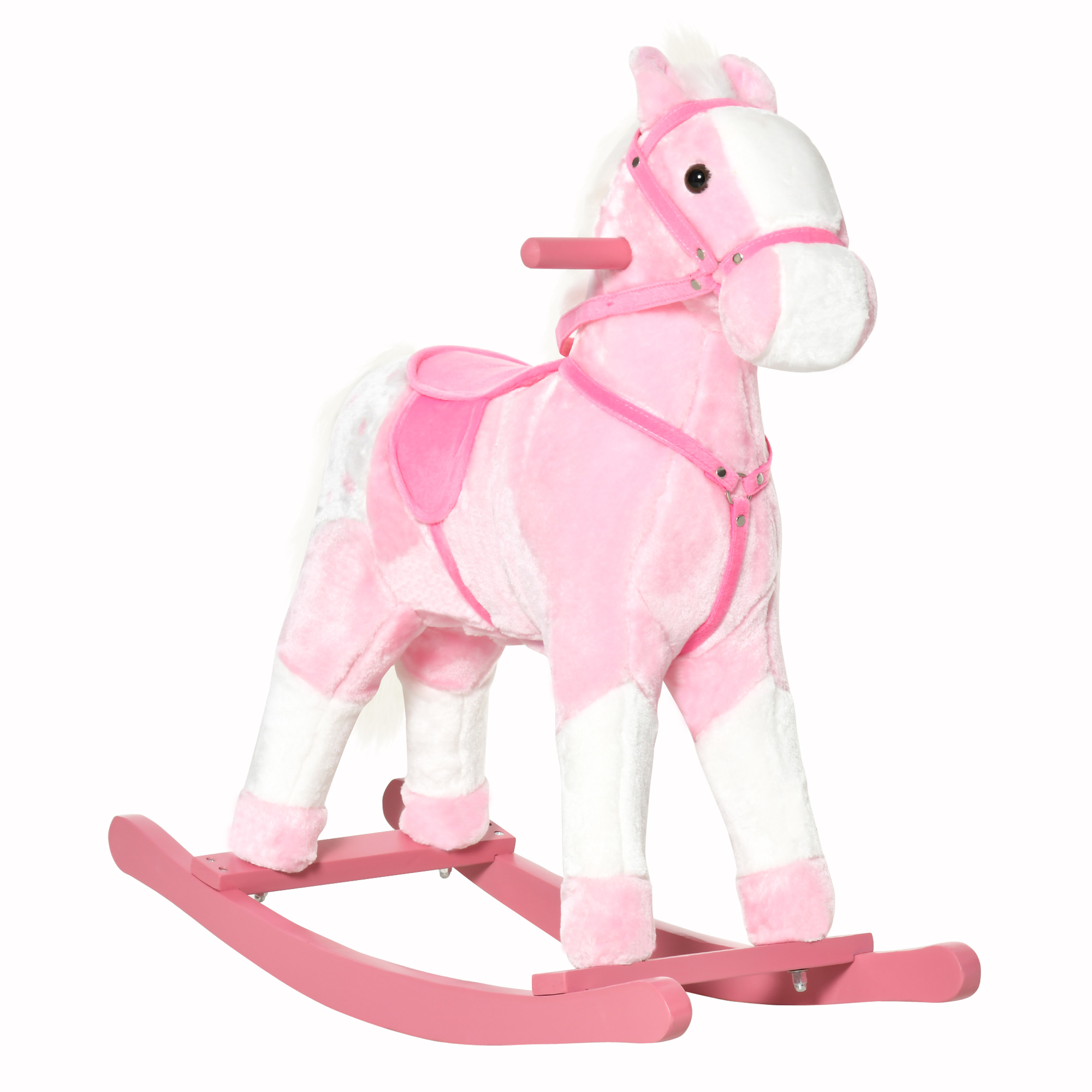 Un giocattolo a dondolo a forma di cavallo rosa con criniera e sella bianche, su una base rosa.