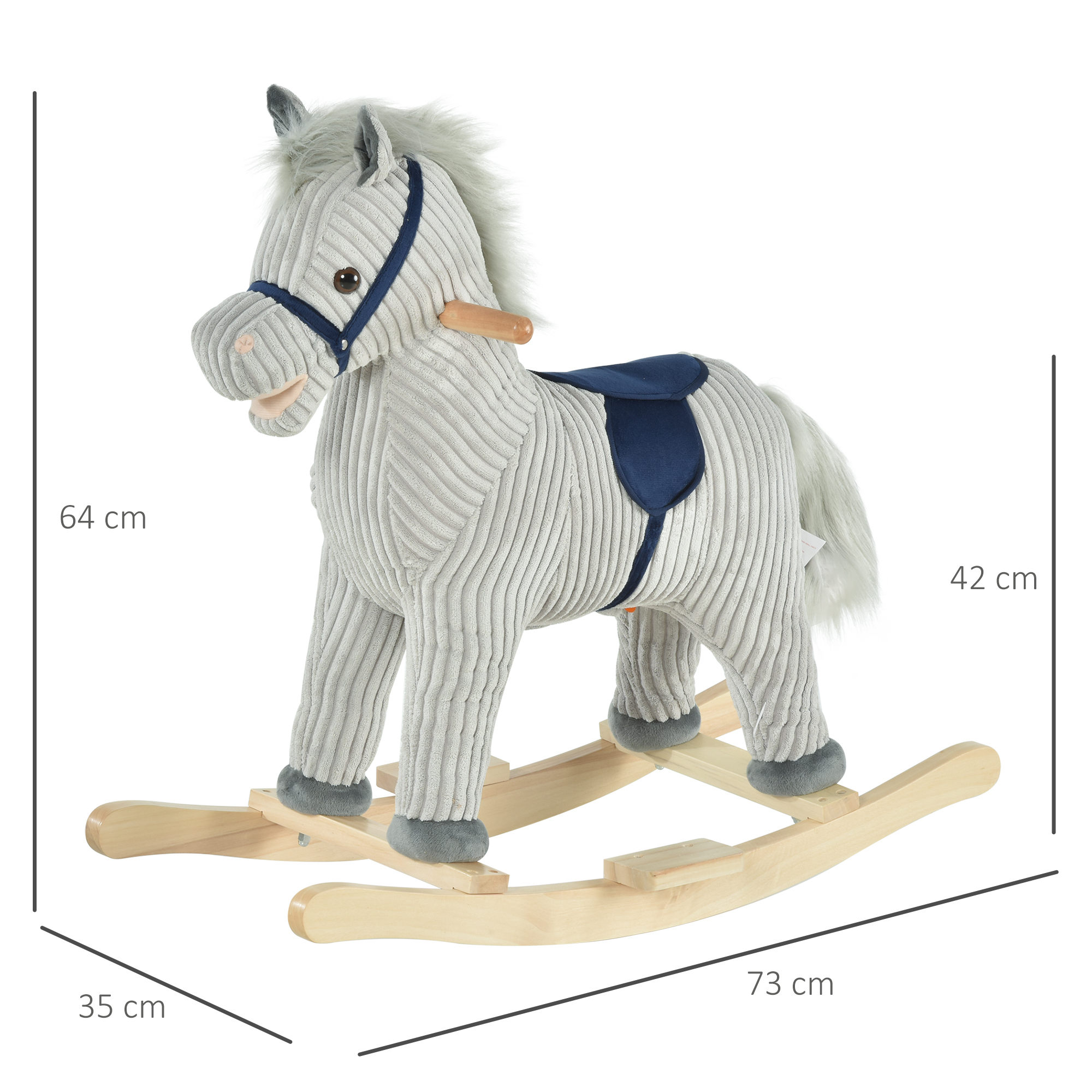 Un giocattolo a dondolo a forma di cavallo di peluche grigio con una sella blu su dondoli di legno, dimensioni etichettate.