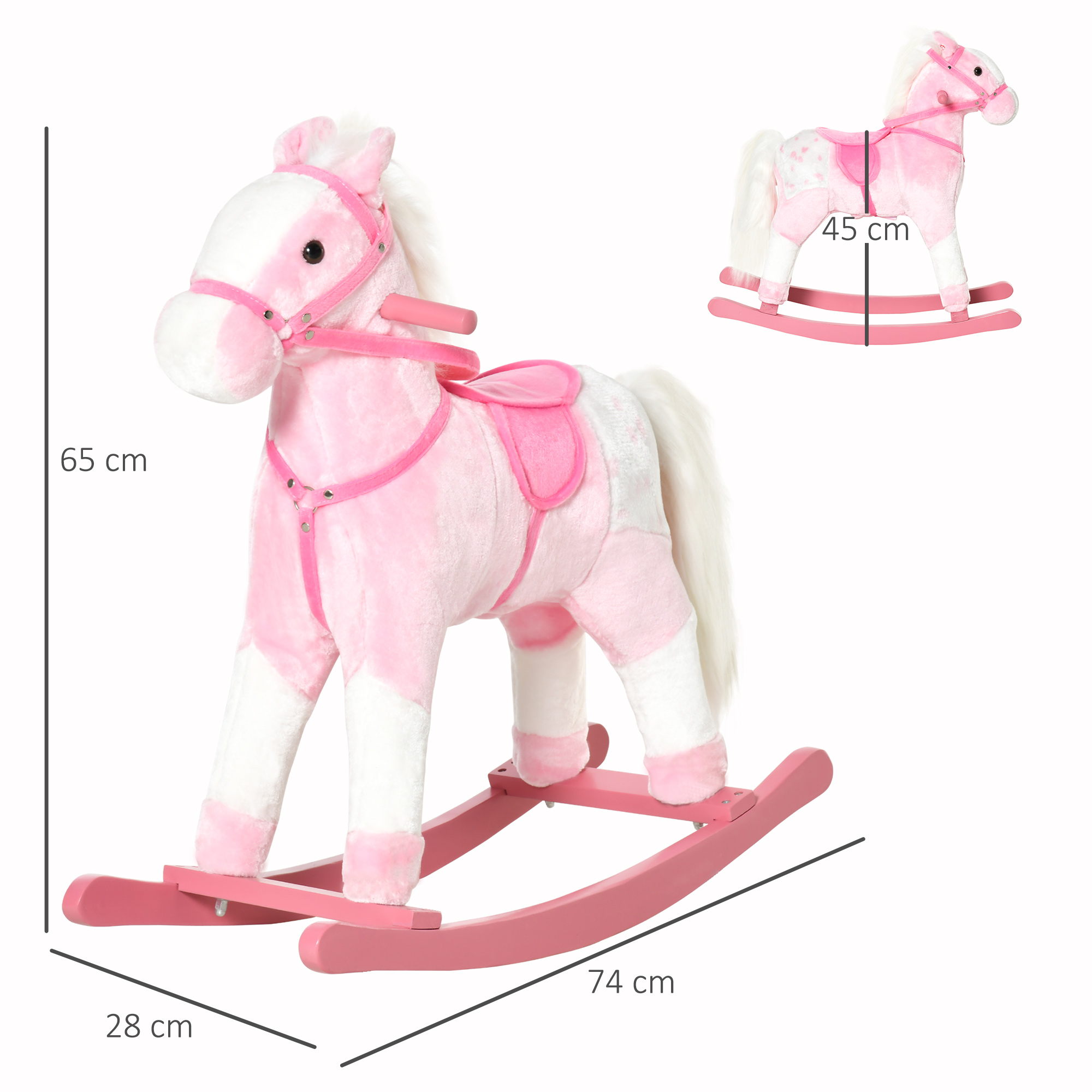Cavallo a dondolo rosa con dimensioni. Un'immagine più piccola del cavallo è in alto a destra.