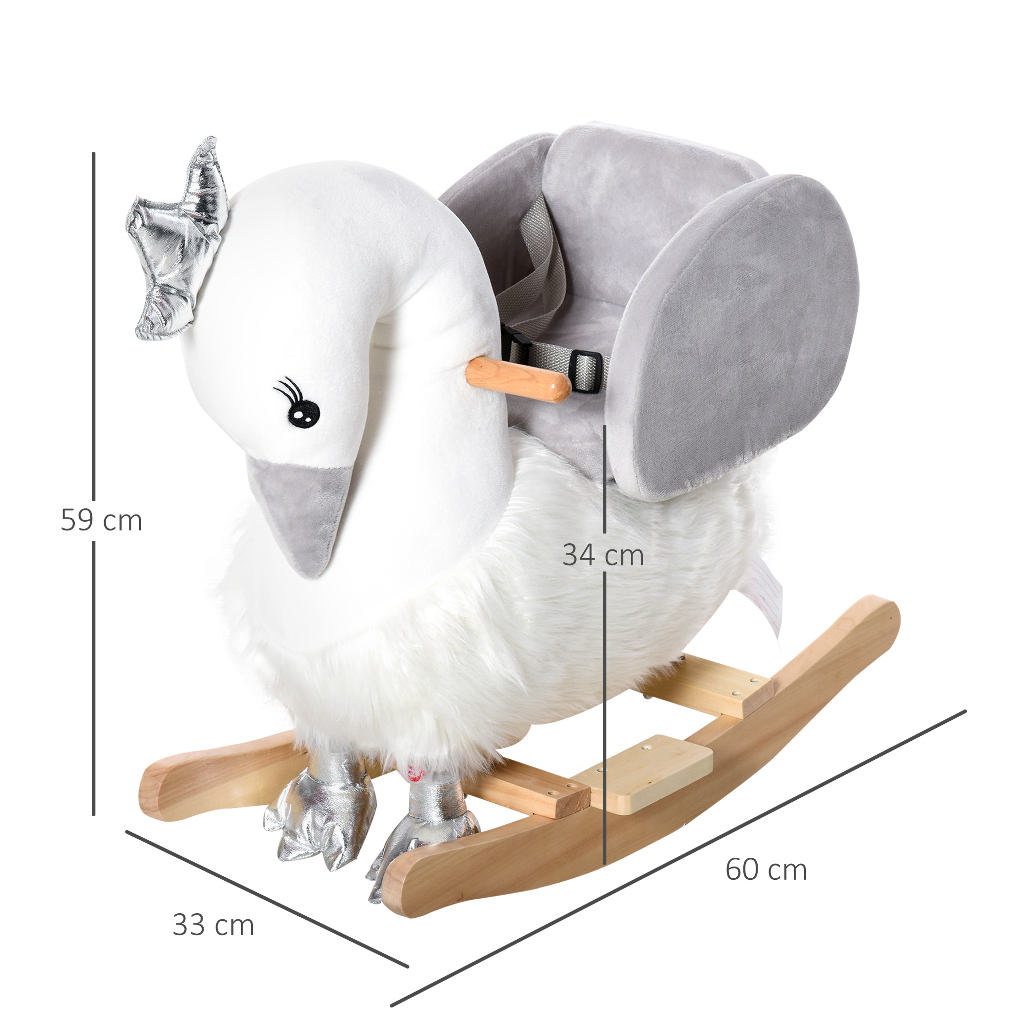 Un'altalena a cigno bianco con dimensioni su una base di legno. Ha ali grigie e piedi argentati.