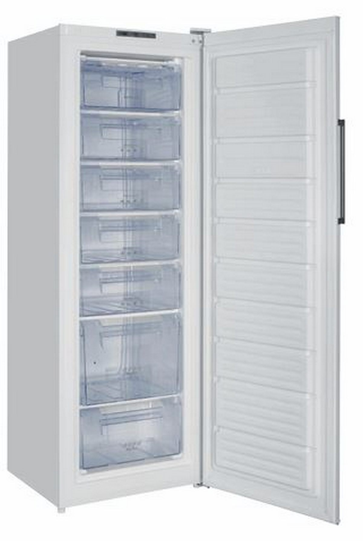 Congelador blanco con puerta abierta, revelando 7 cajones. Cajones transparentes. Exterior blanco.