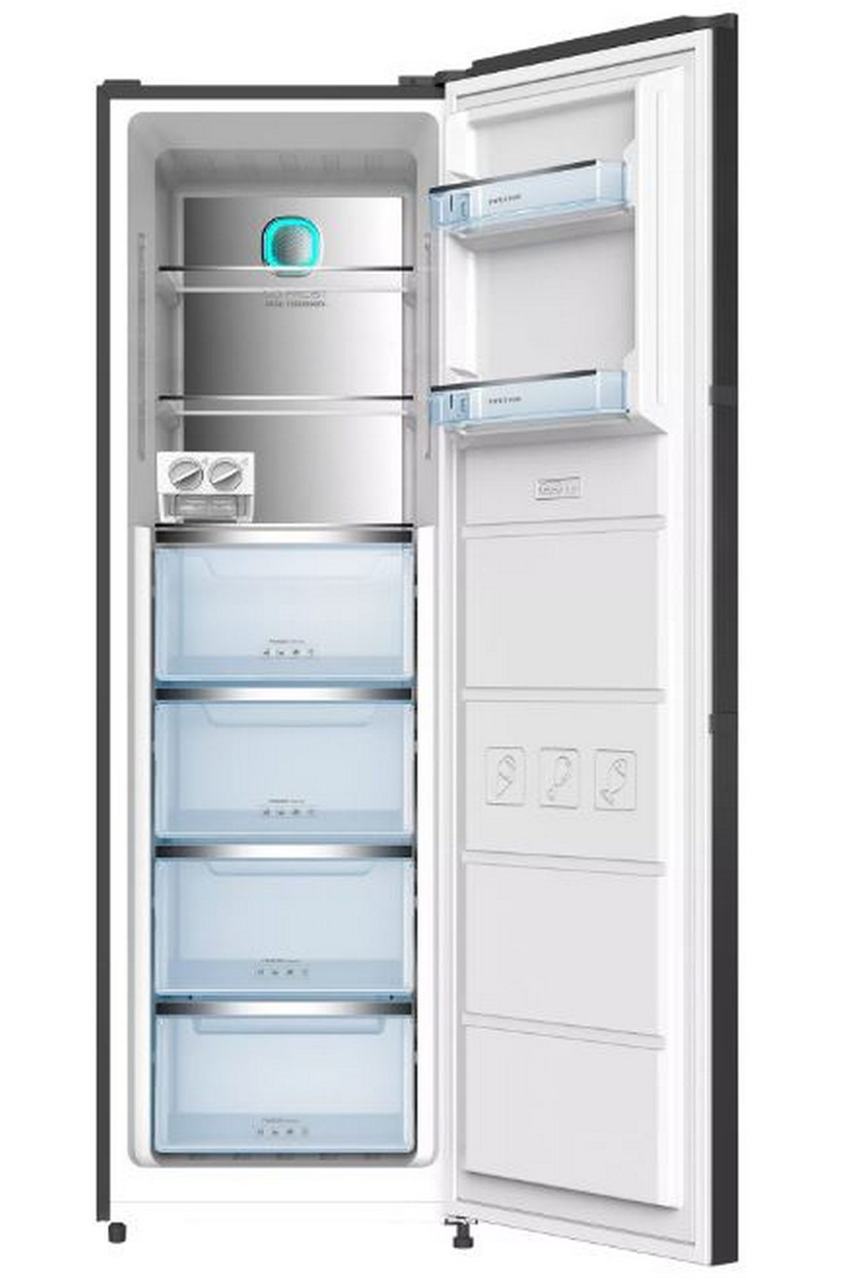 Interior de refrigerador con estantes, cajones y compartimentos. Puerta abierta muestra contenido.