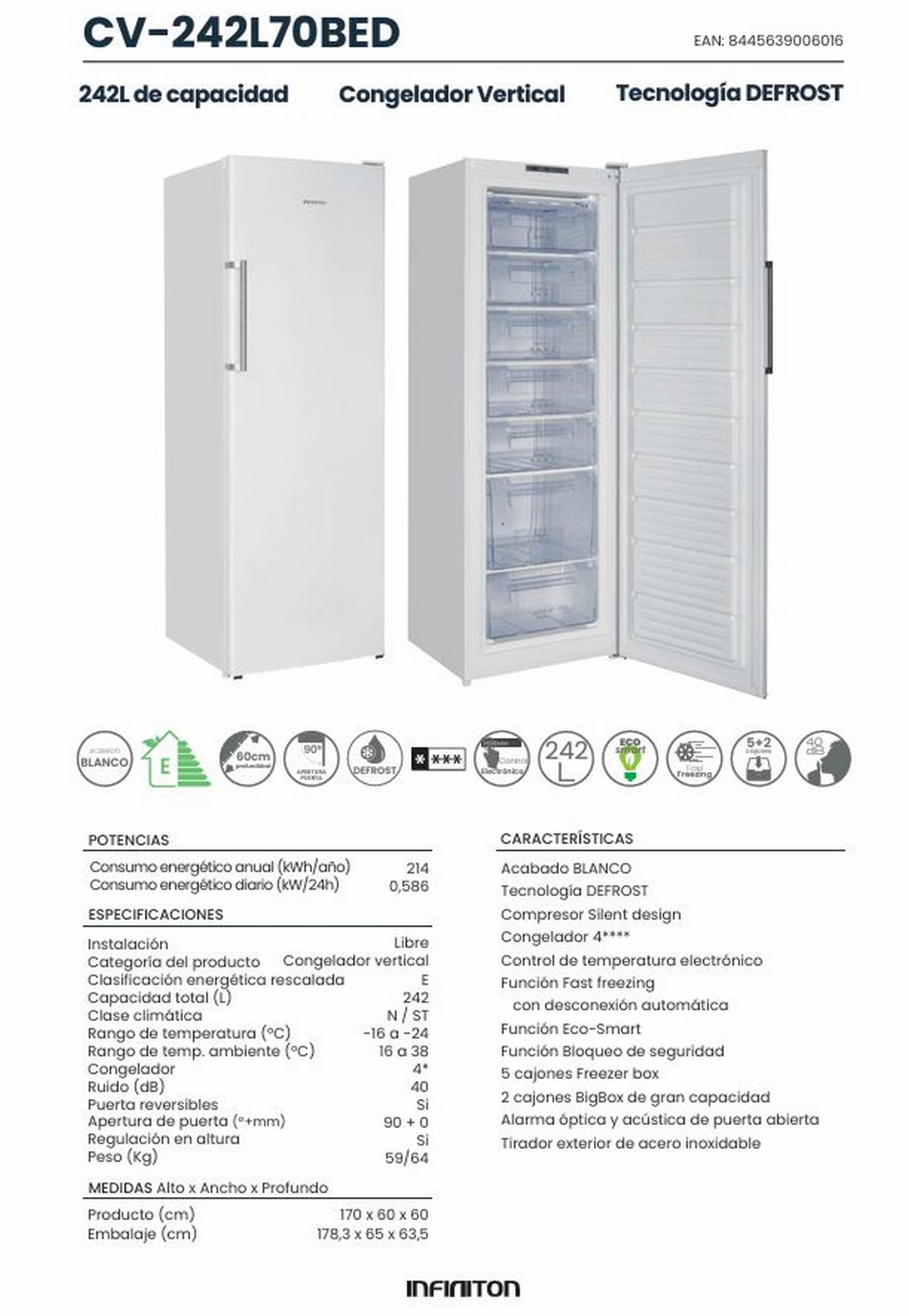 Congelador vertical blanco con puerta abierta y estantes. Incluye especificaciones del producto.
