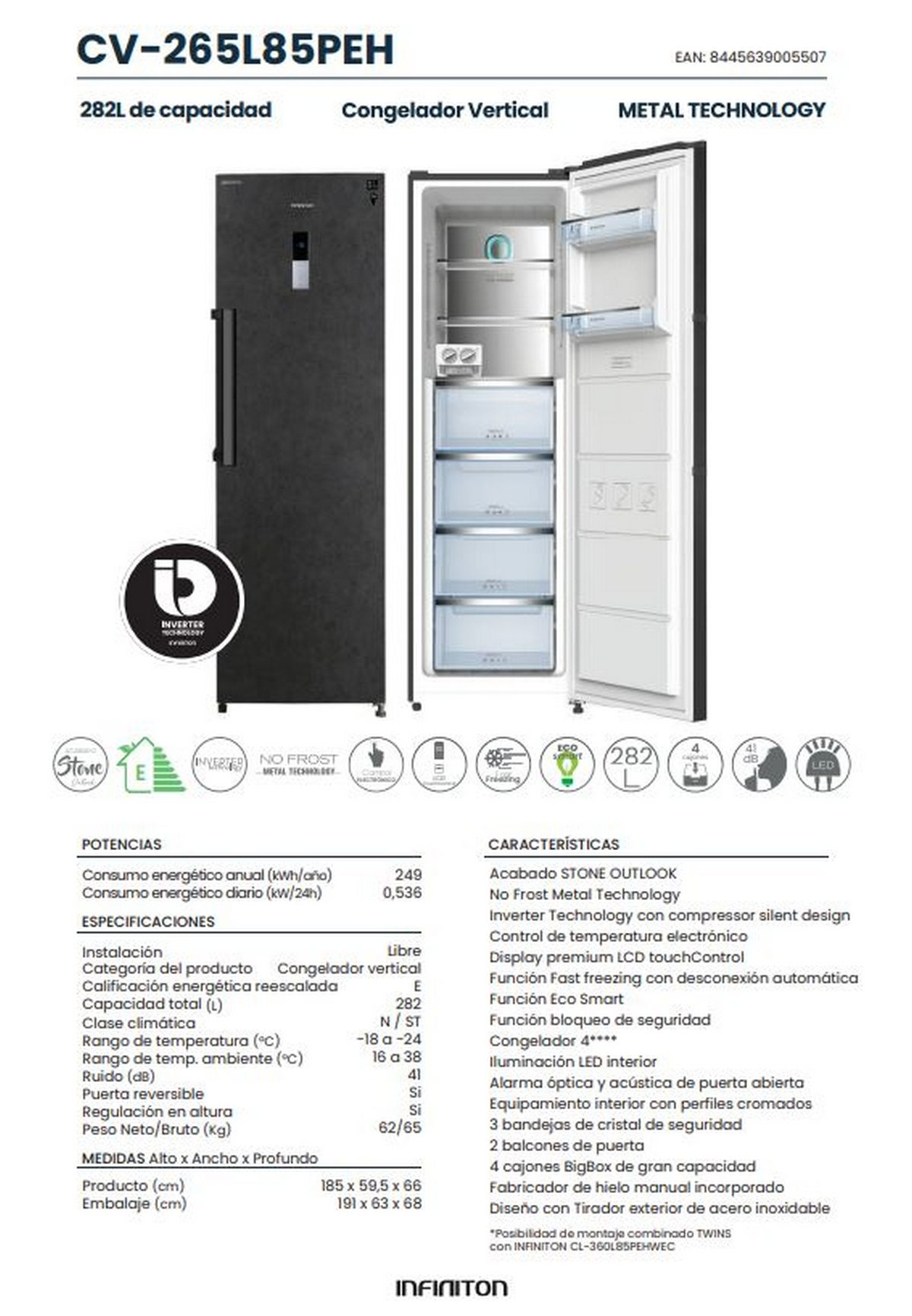 Un refrigerador vertical negro y gris con pantalla y texto de especificaciones del producto.
