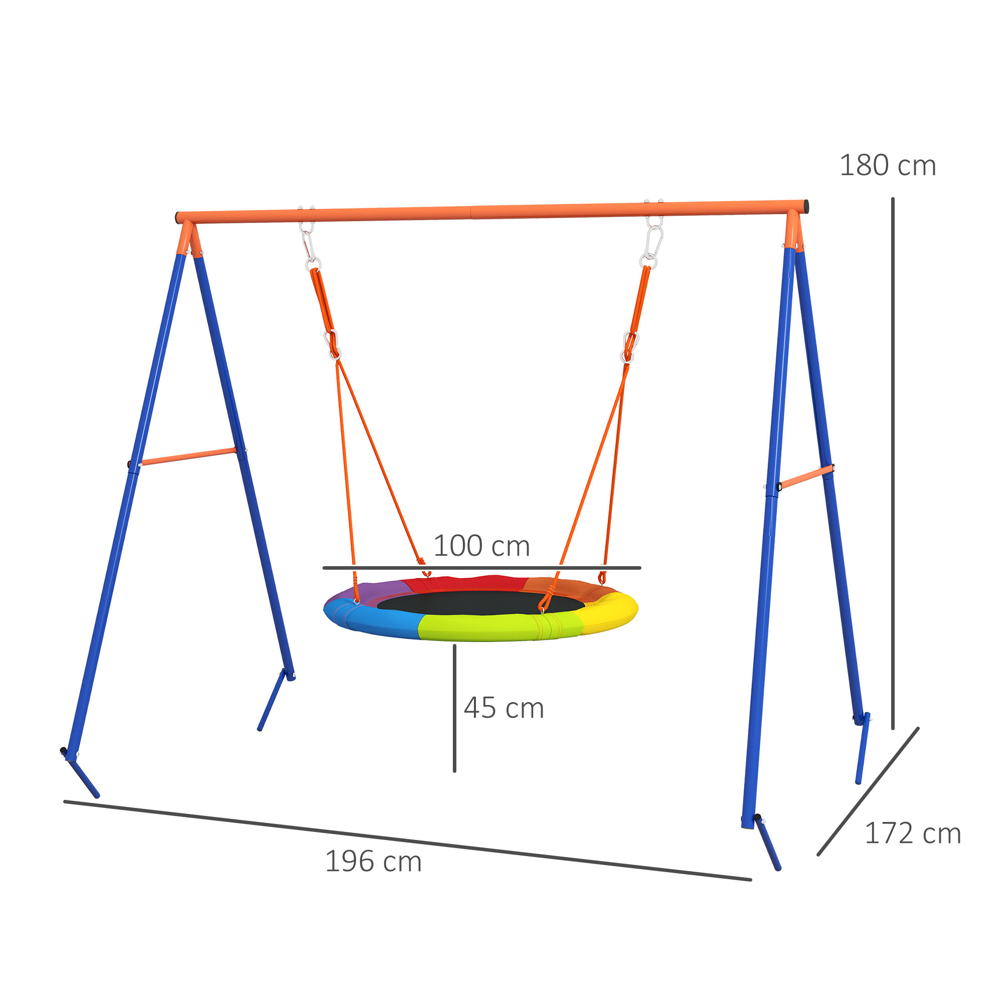Un'altalena blu con dimensioni. Il sedile dell'altalena è un disco colorato. Lo sfondo è bianco.