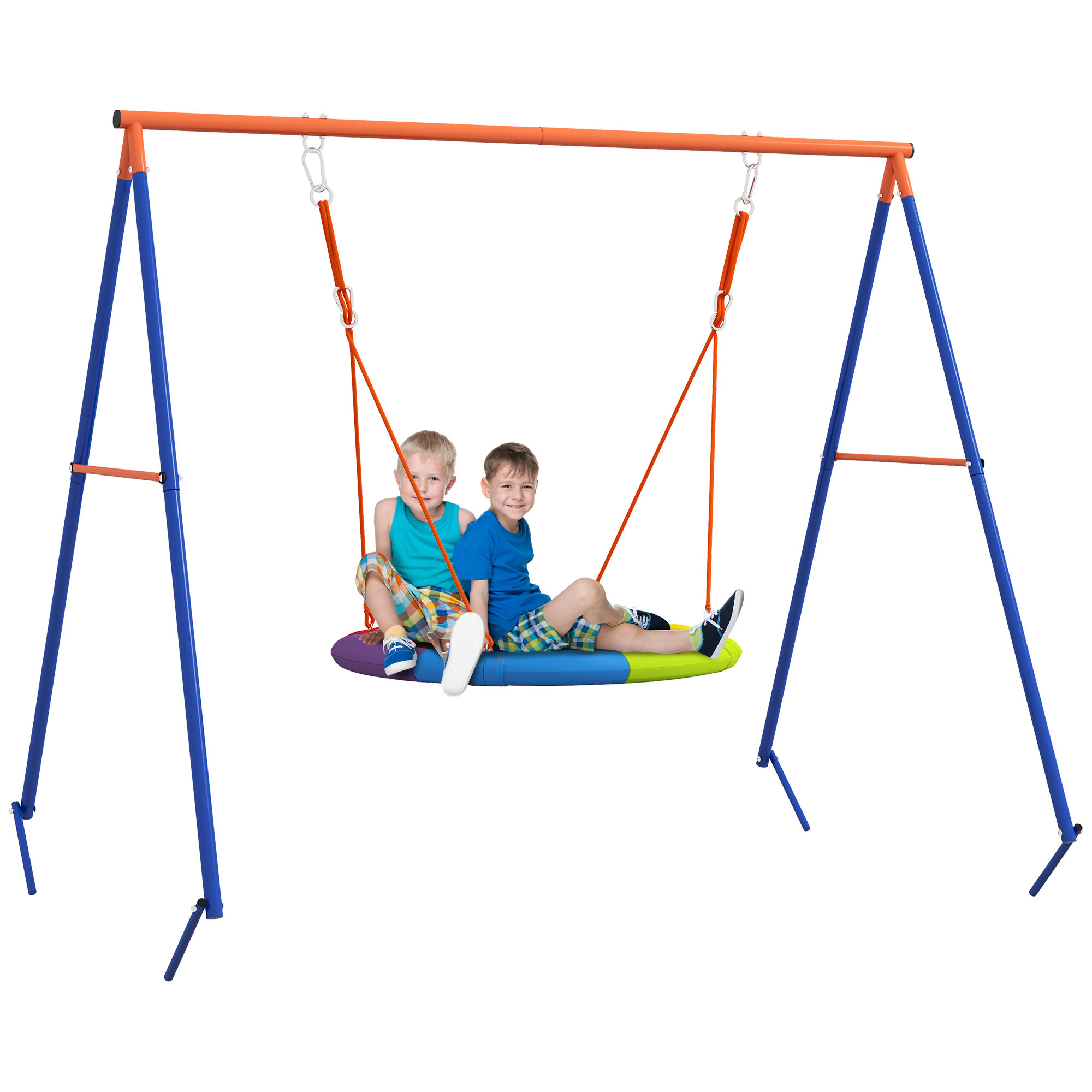 Due bambini seduti su un'altalena blu e verde. Sfondo: struttura del set altalena.