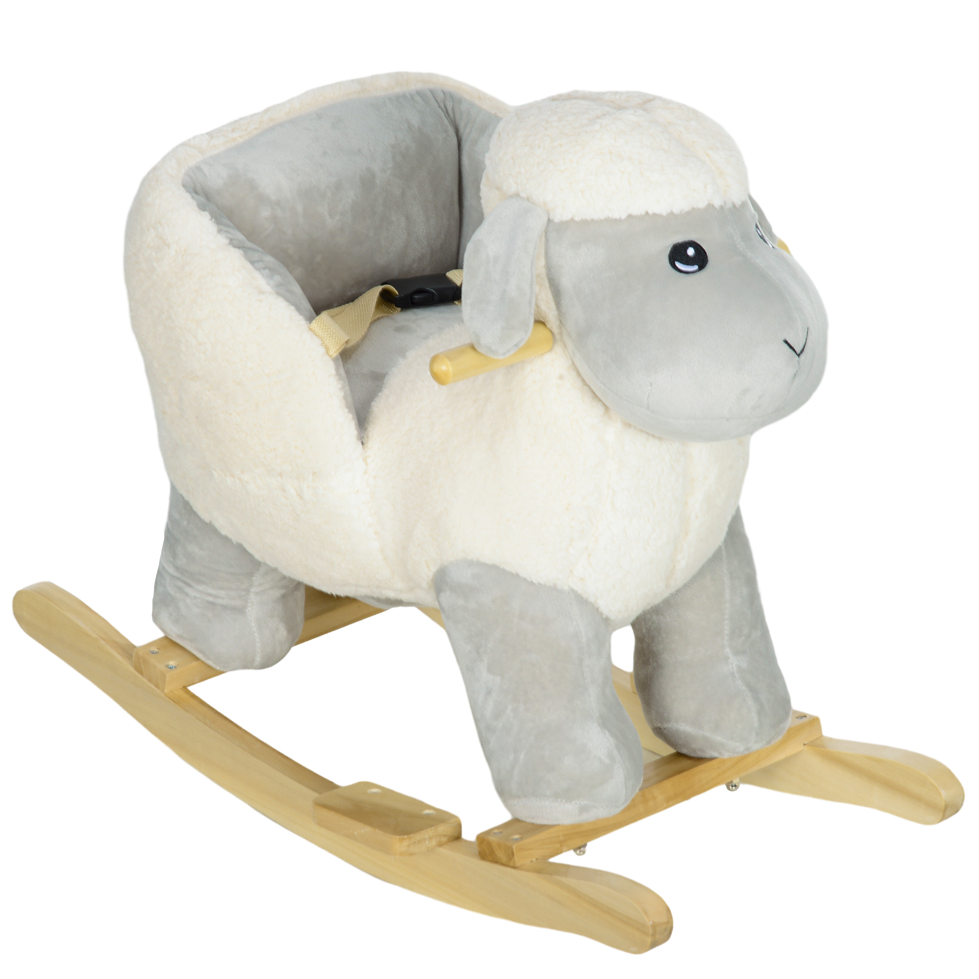 Un giocattolo a dondolo a forma di pecora grigia con seduta grigio chiaro e base in legno.