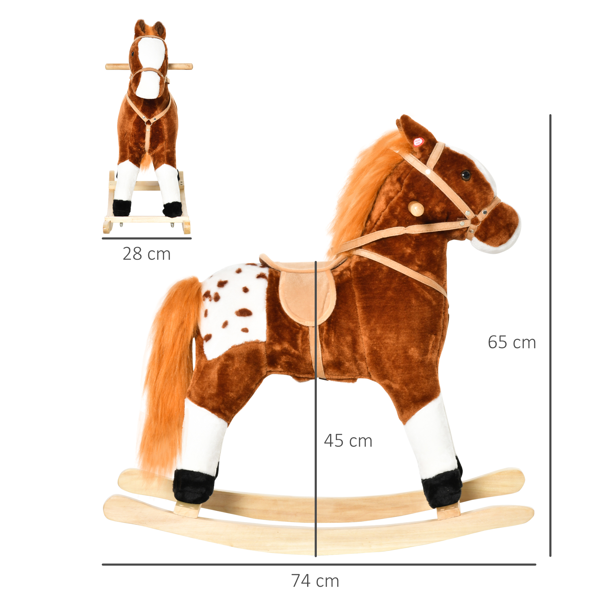 Un cavallo a dondolo marrone con macchie bianche, misura 45x74x65cm, su sfondo bianco.
