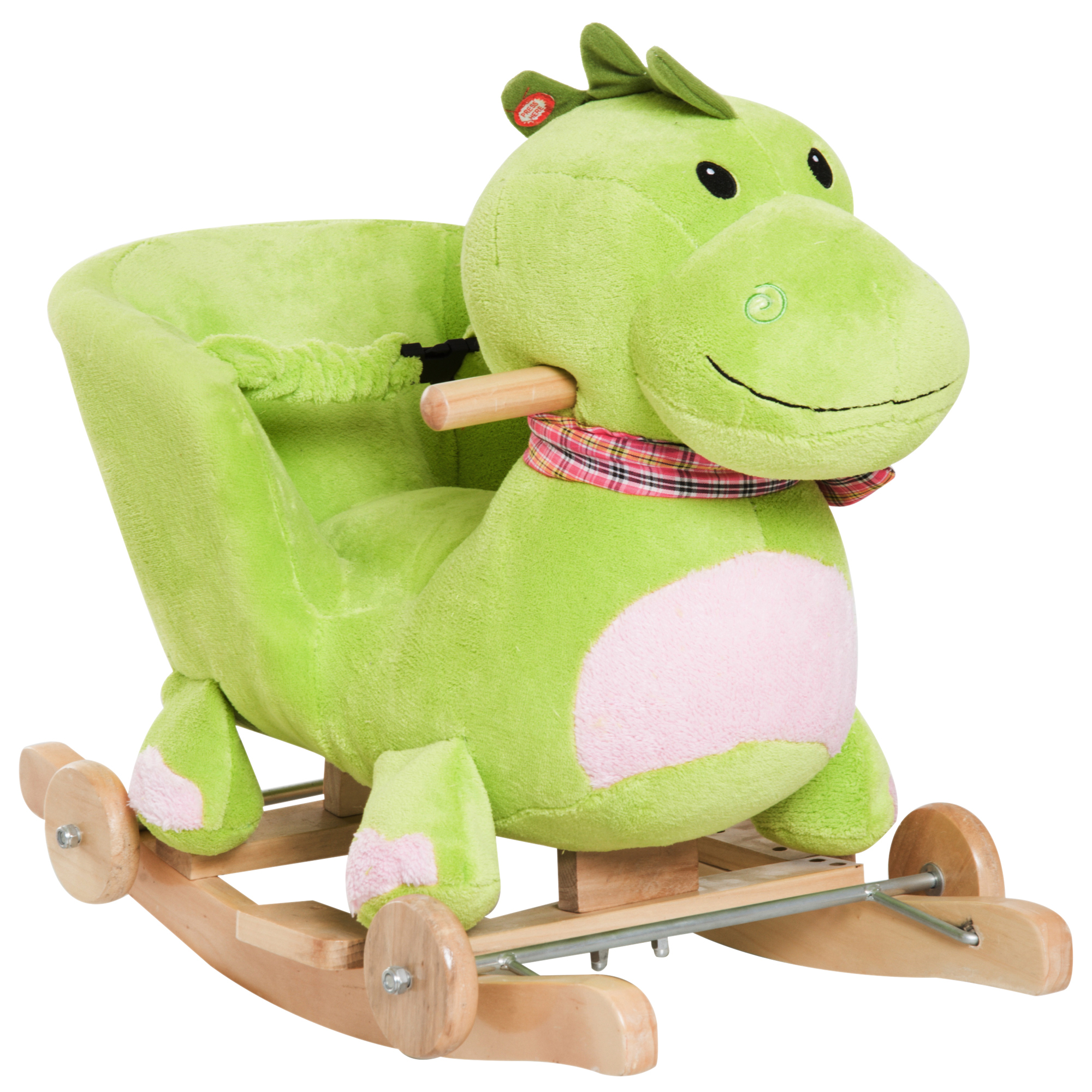 Un giocattolo a dondolo a forma di drago verde con una sciarpa rossa e dondoli di legno.