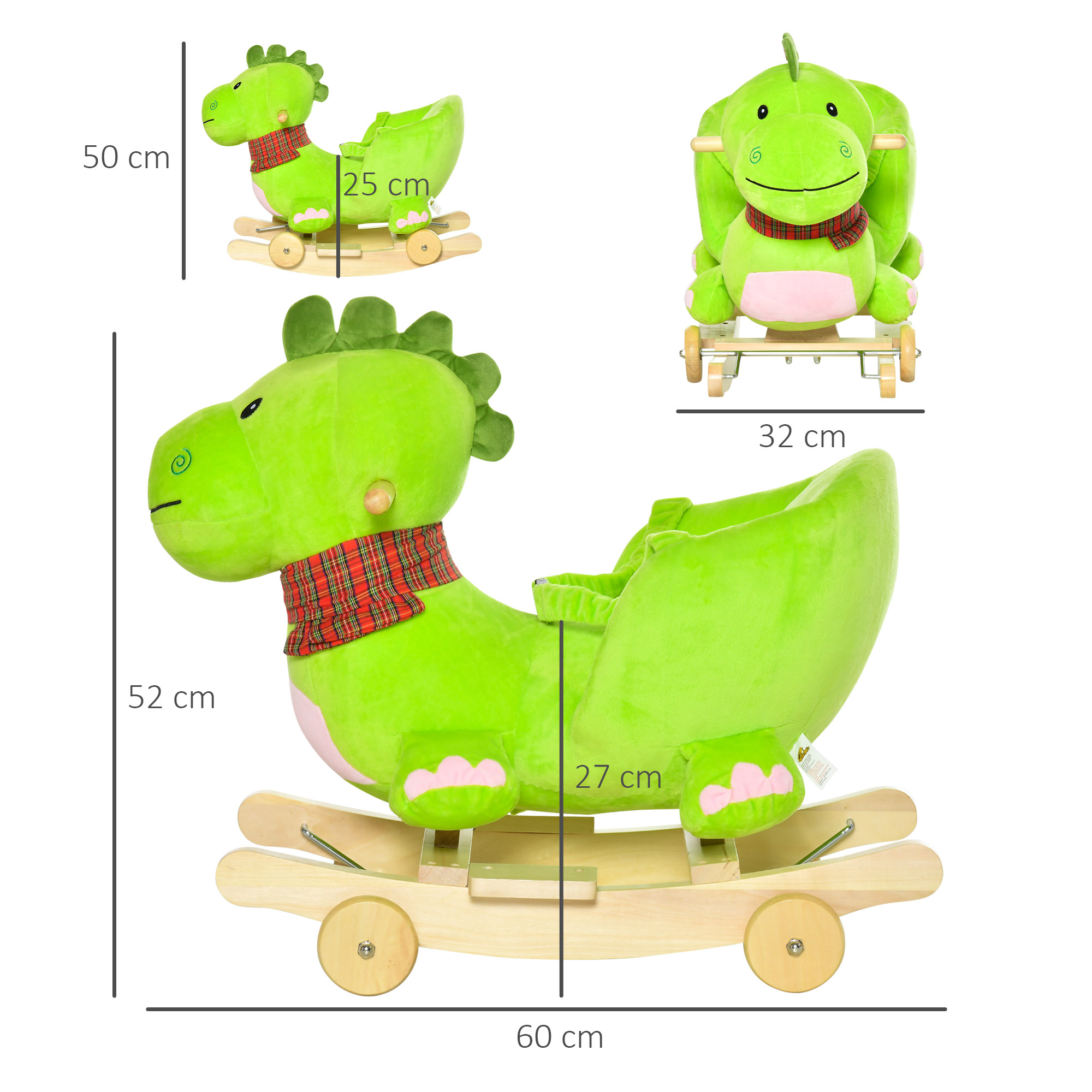 Cavallo a dondolo dinosauro verde. Le dimensioni sono incluse nell'immagine.