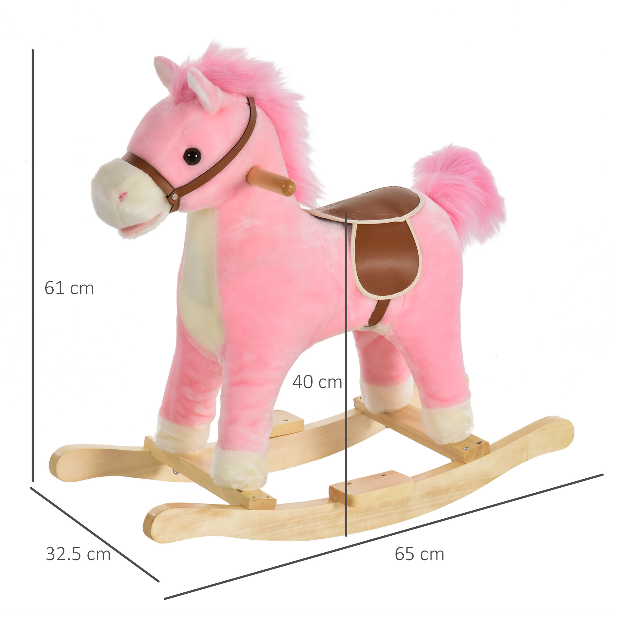Cavallo a dondolo rosa. Sella marrone, criniera e coda rosa. Il cavallo è su una base di legno. Dimensioni etichettate.