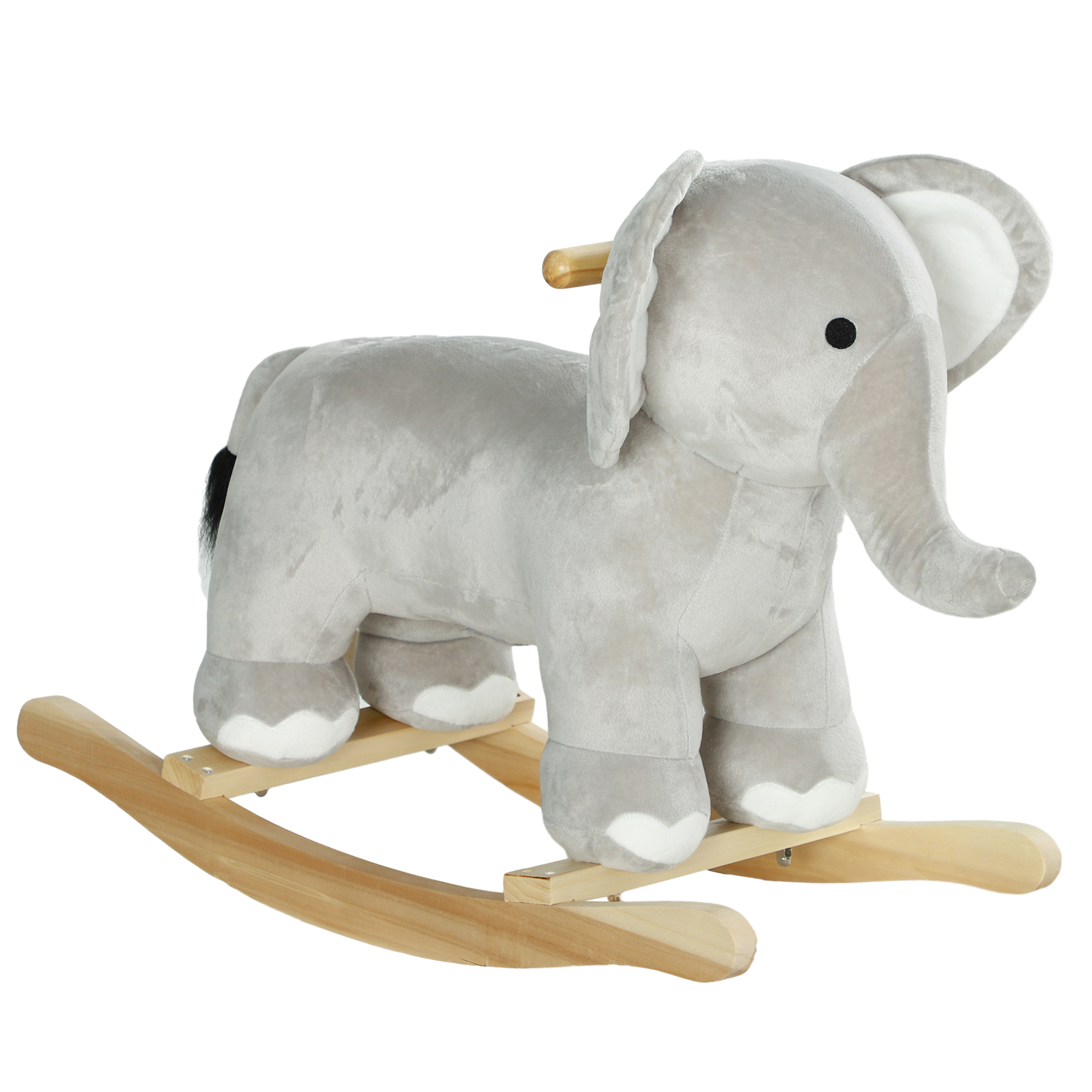 Un giocattolo a dondolo a forma di elefante grigio. Ha grandi orecchie e una piccola coda nera. Lo sfondo è bianco.