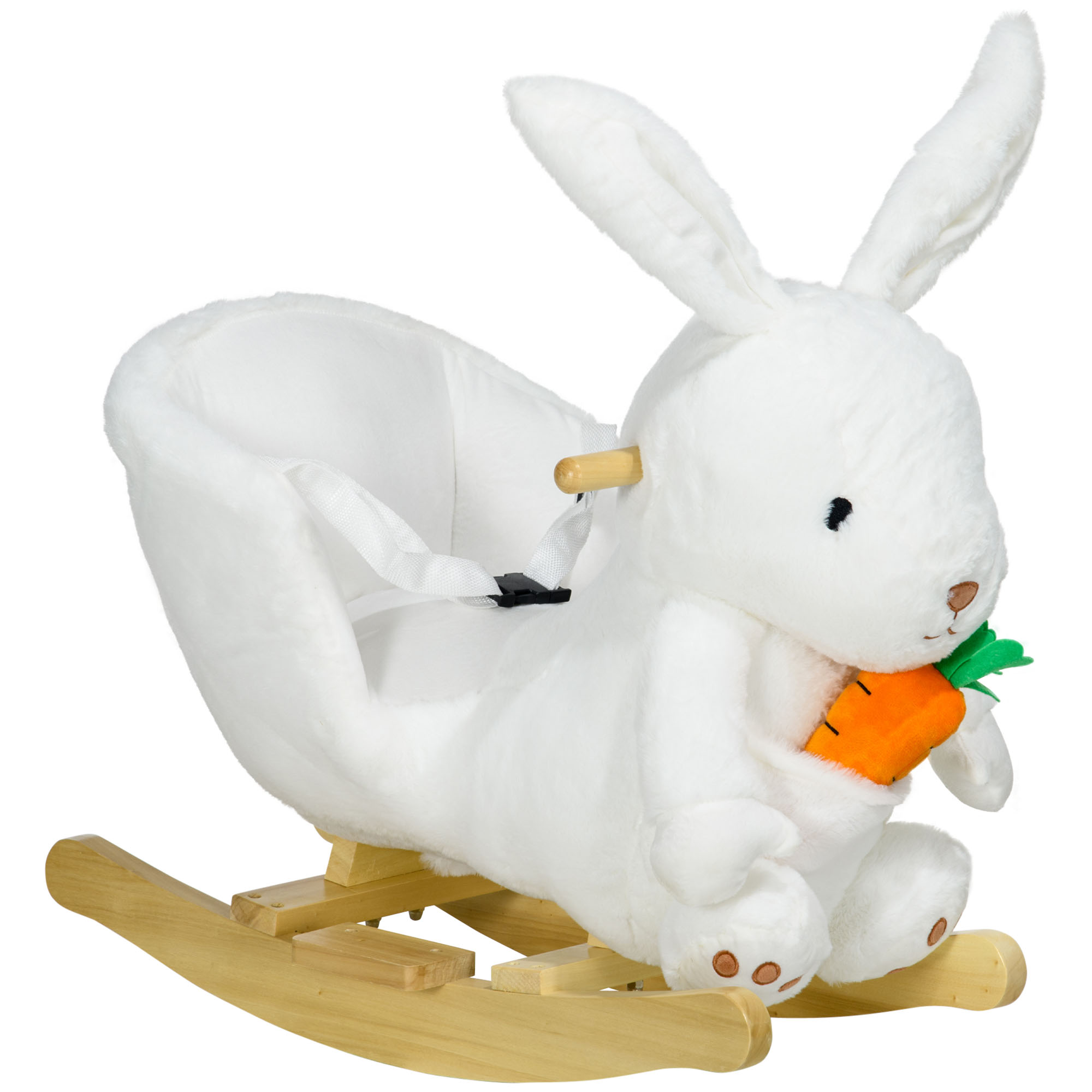Giocattolo a dondolo a forma di coniglio bianco con carota. Base in legno. Sfondo bianco.