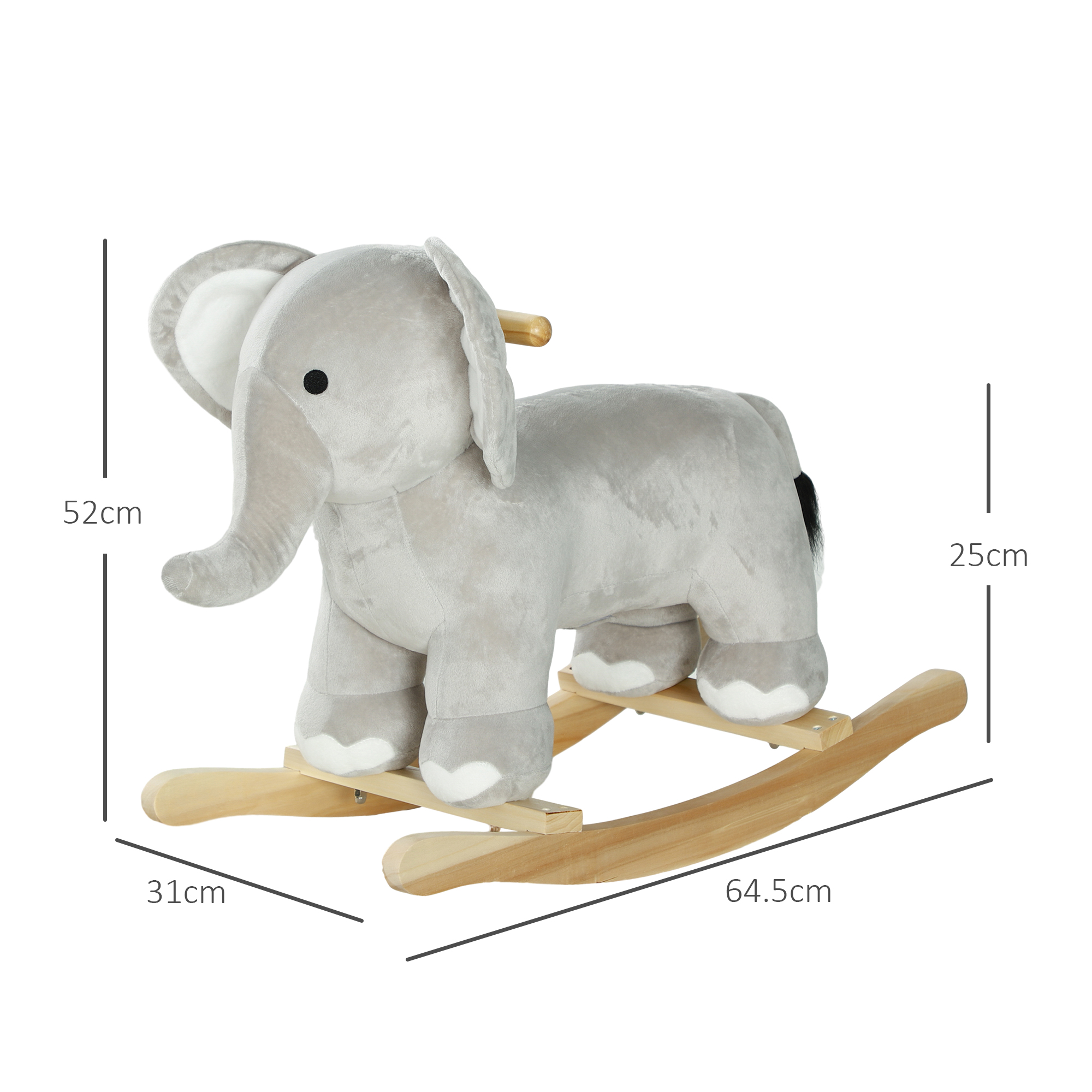 Un giocattolo a dondolo a forma di elefante grigio su dondoli di legno. Dimensioni.
