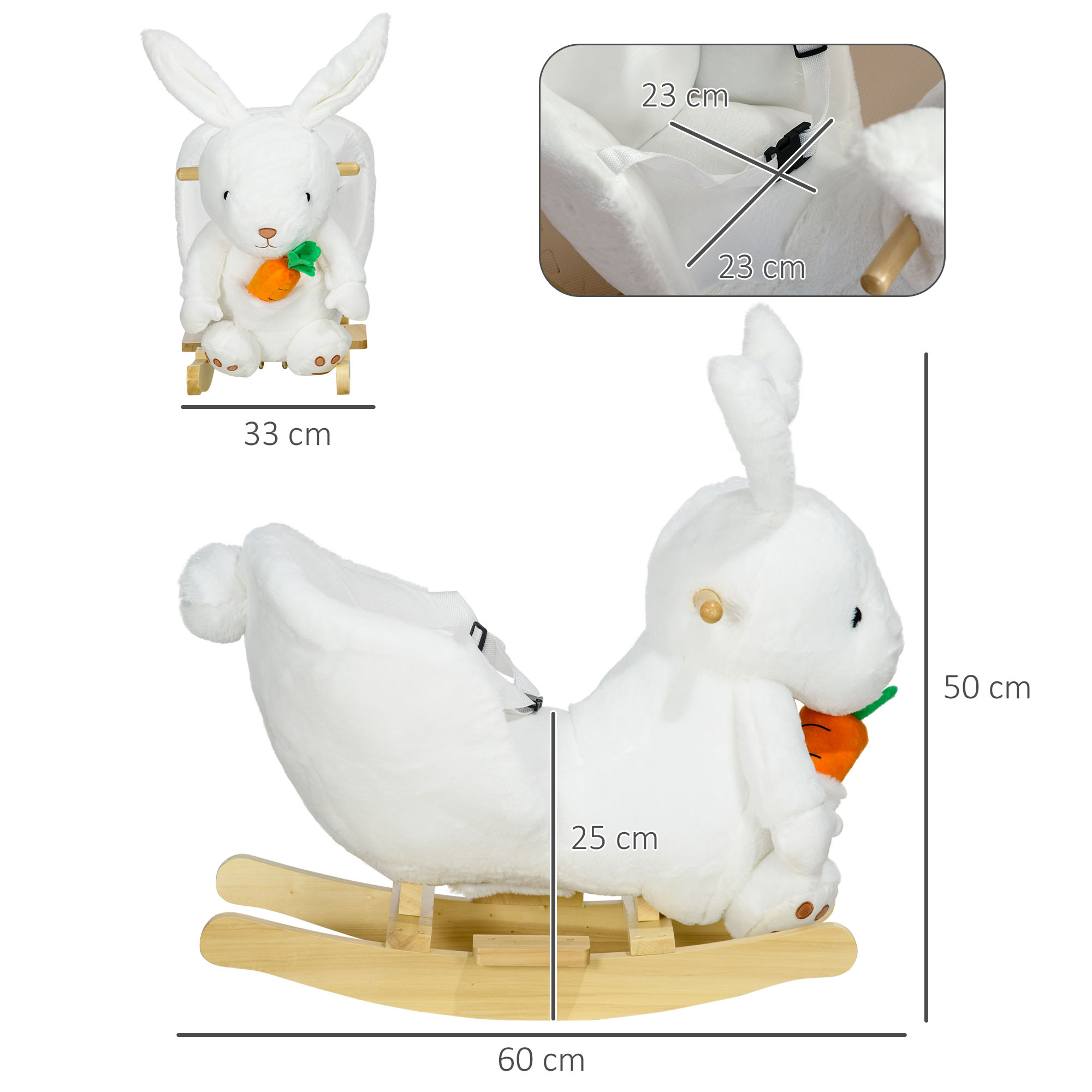 Un giocattolo a dondolo a forma di coniglio bianco con una carota su una base di legno con dimensioni.