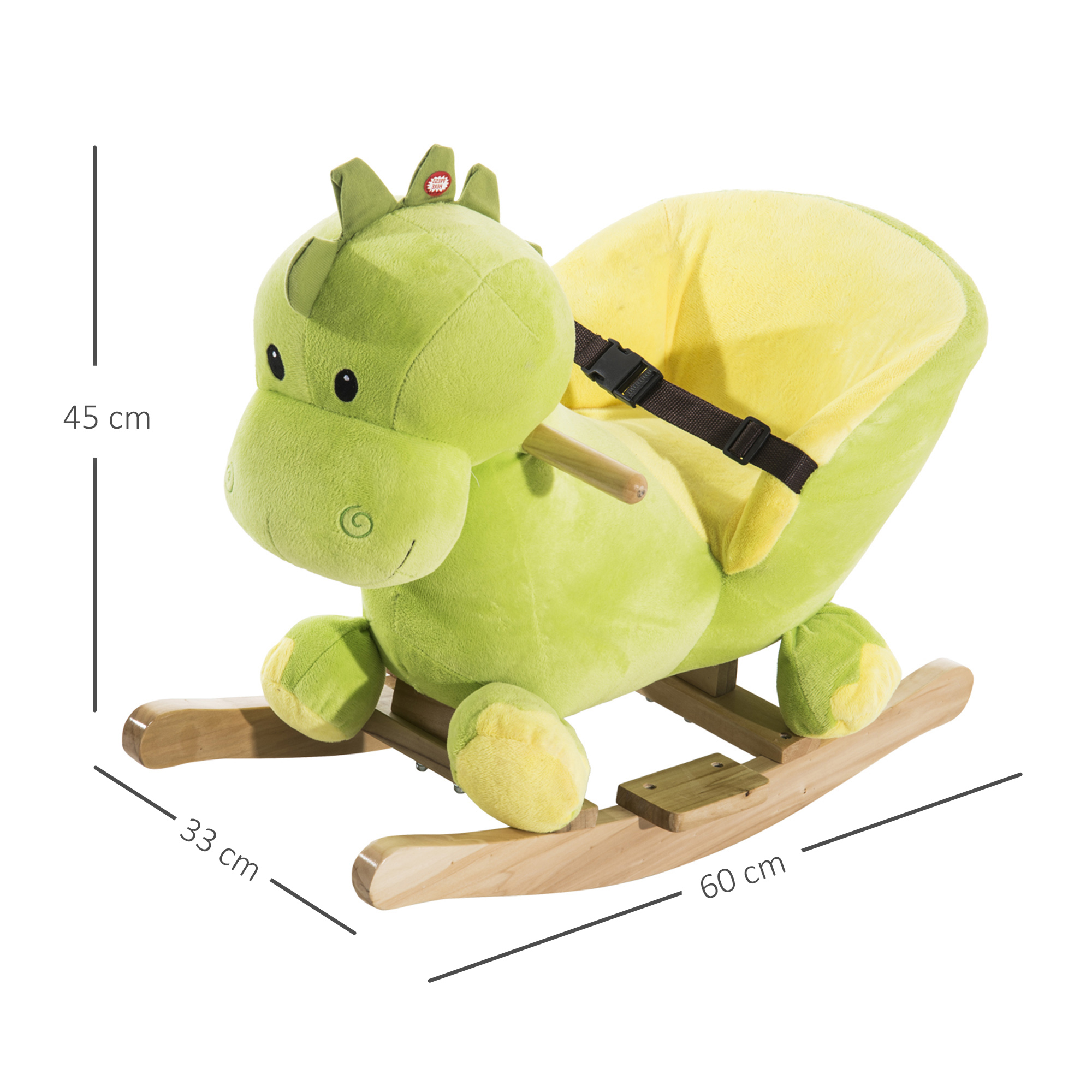 Giocattolo a dondolo dinosauro in peluche verde su base in legno. Sedile e schienale gialli, cinghia nera. Dimensioni.