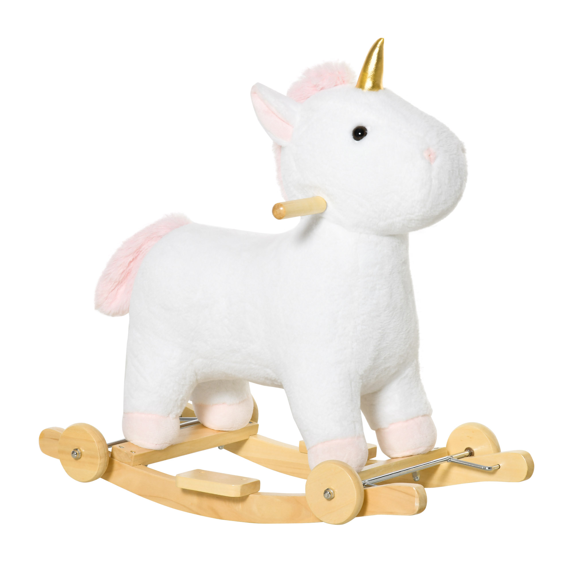 Giocattolo a dondolo unicorno bianco con corno d'oro. Criniera e coda rosa. Il giocattolo è su una base di legno. Sfondo bianco.