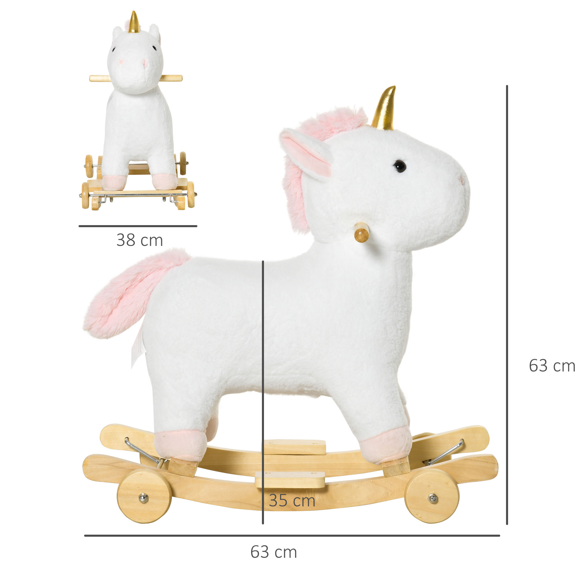 Cavallo a dondolo unicorno bianco con dettagli rosa e misure etichettate. Sfondo bianco.
