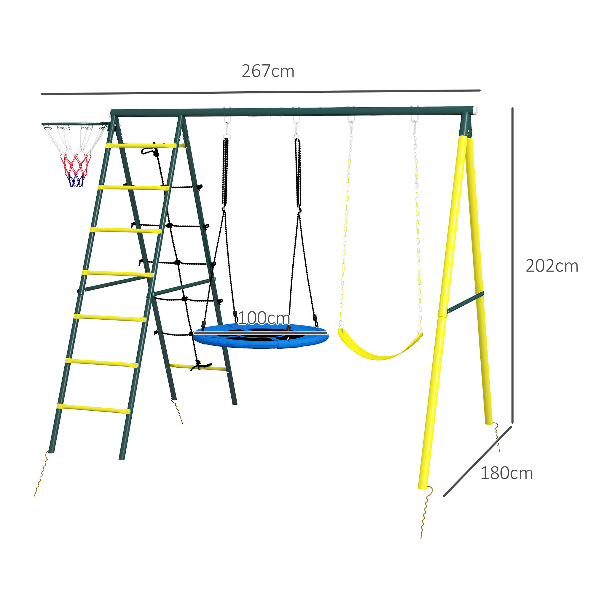 Altalena in metallo con canestro da basket, scala per arrampicata e altalene. Misure mostrate.