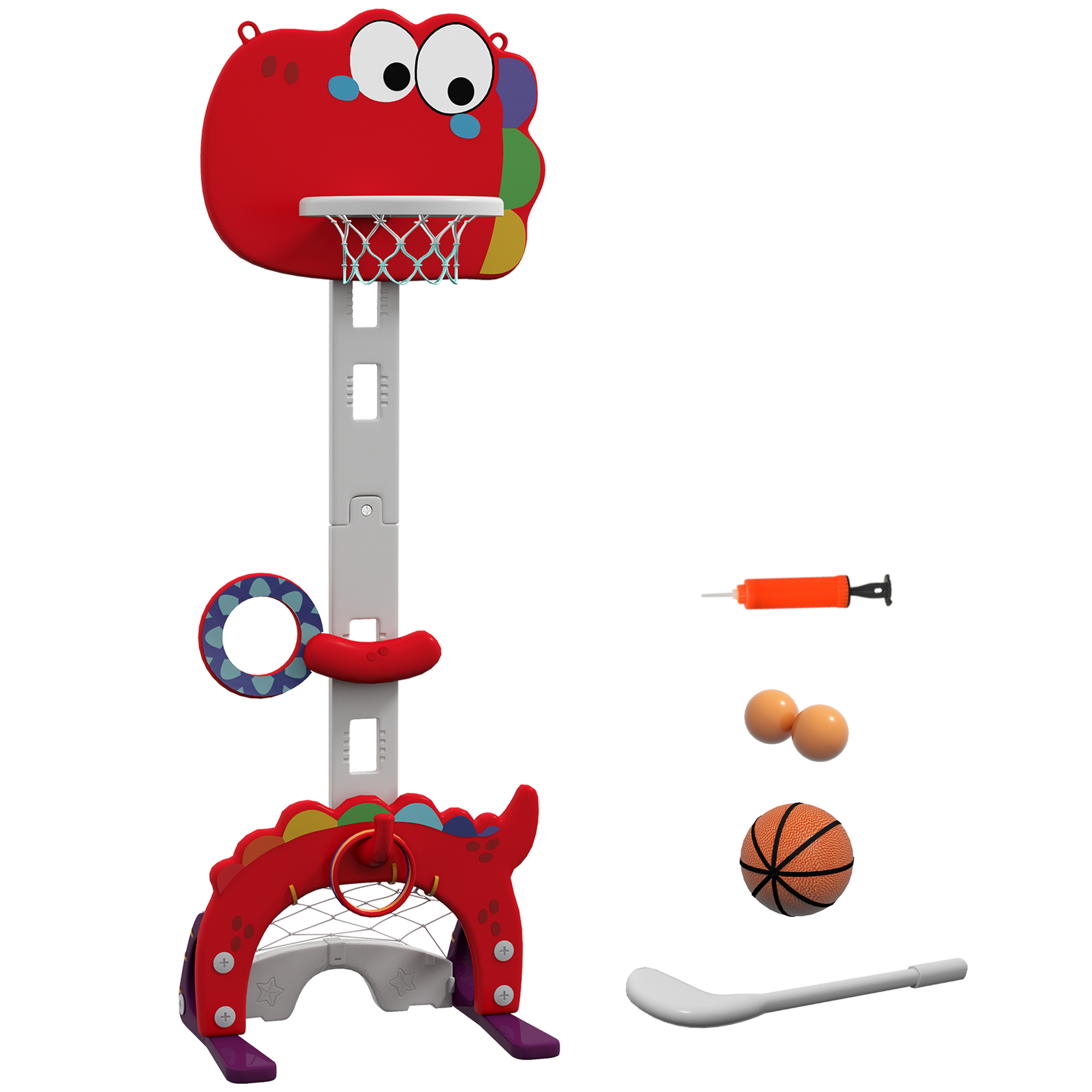 Un canestro da basket a forma di dinosauro rosso e palloni. Una piccola pompa e un mestolo bianco nelle vicinanze.