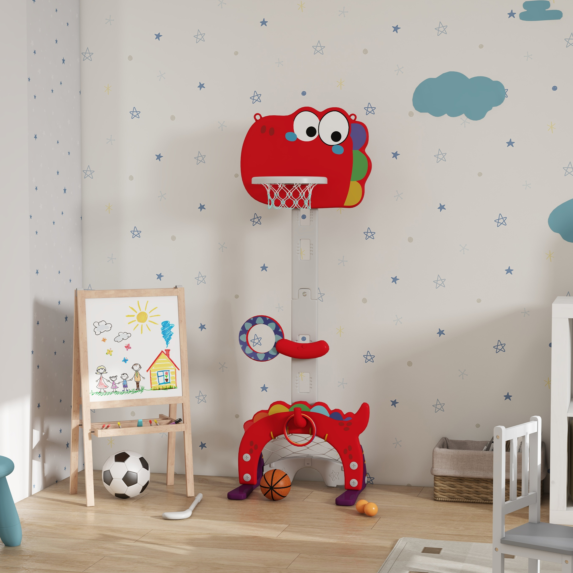 Giocattolo canestro da basket su un muro. Include un pallone da basket, una lavagna didattica e una palla. Design carino.