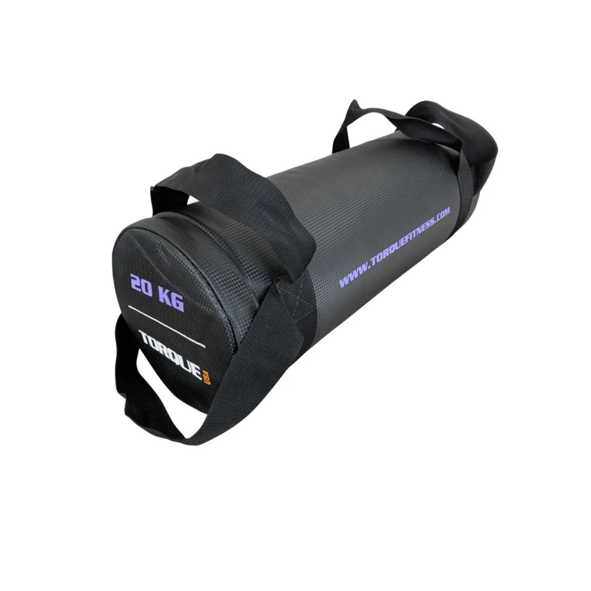 Sac lesté cylindrique noir avec poignées et texte.