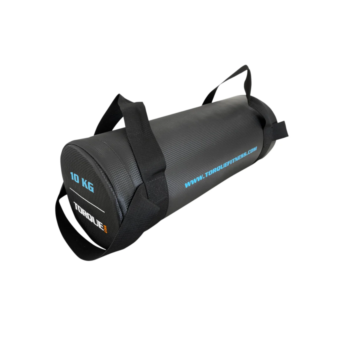 Sac de sable de fitness cylindrique noir avec poignées, étiquette 10 kg, fond blanc. Texte www.torquefitness.com.