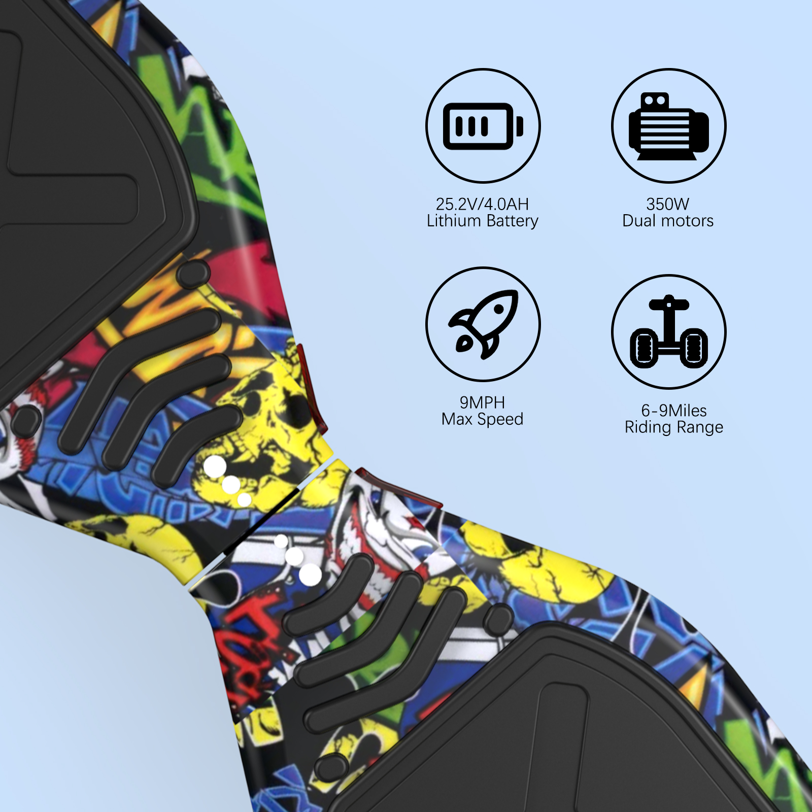 Hoverboard con diseño de graffiti colorido, con iconos de especificaciones.