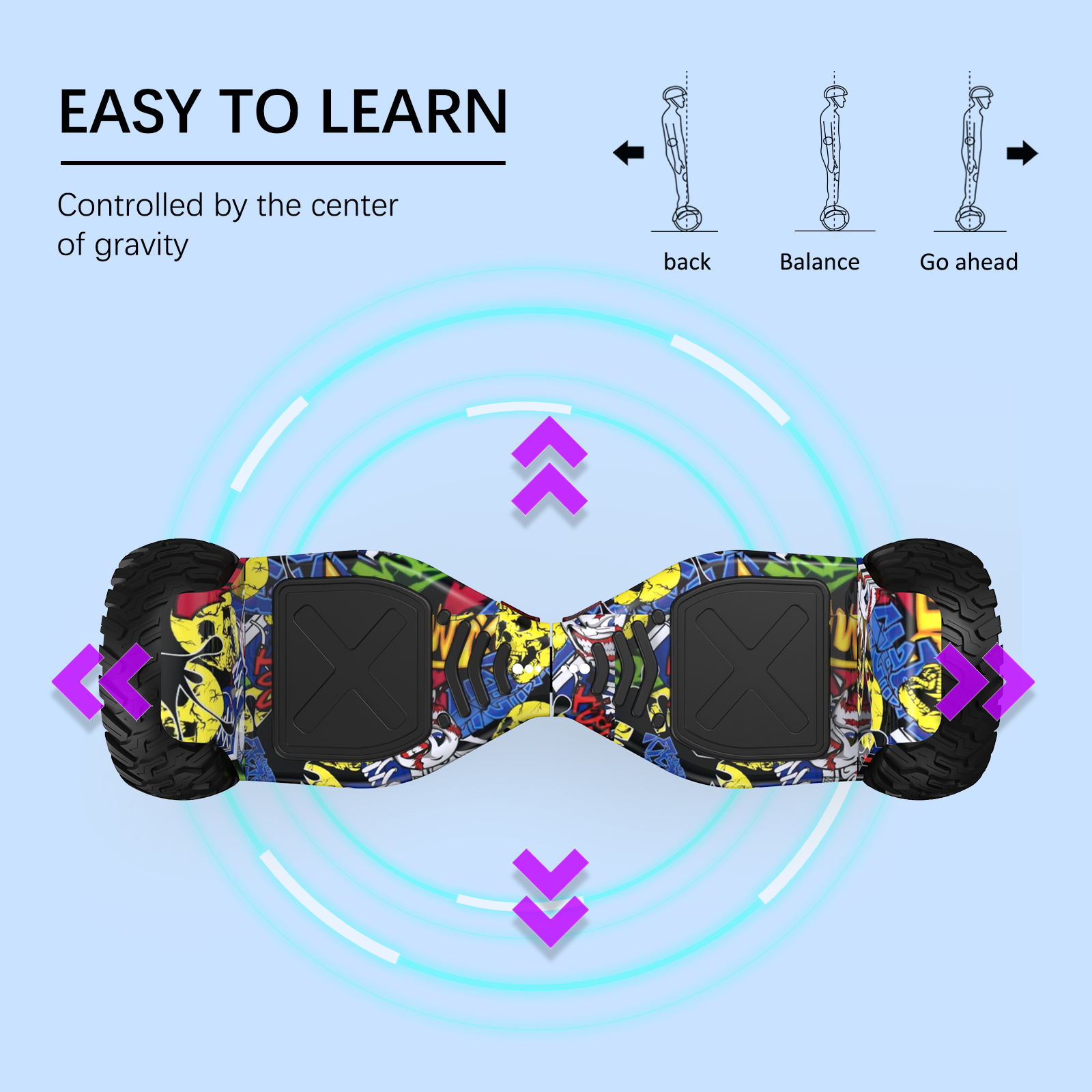 Hoverboard con arte graffiti, mostrando diagramas de control, con flechas y texto 'fácil de aprender'.