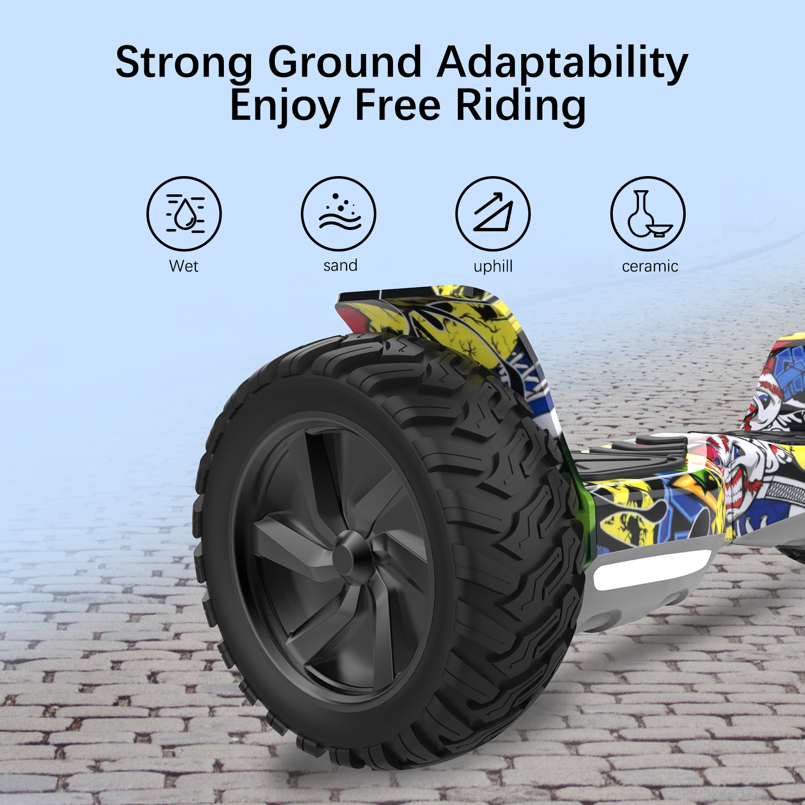 Scooter autoequilibrado con detalles de adaptabilidad al terreno.