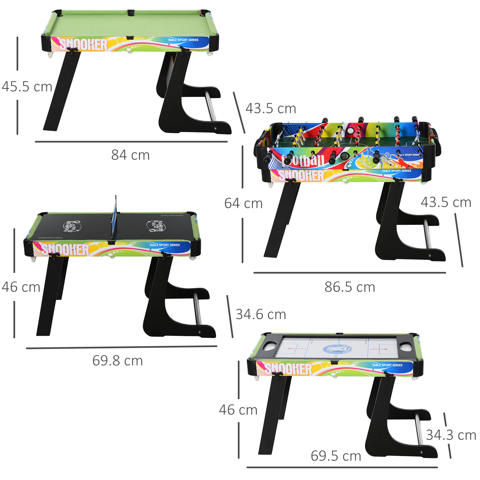 Quattro tavoli da mini-giochi: Snooker, biliardino, air hockey e un altro Snooker. Le dimensioni sono indicate.