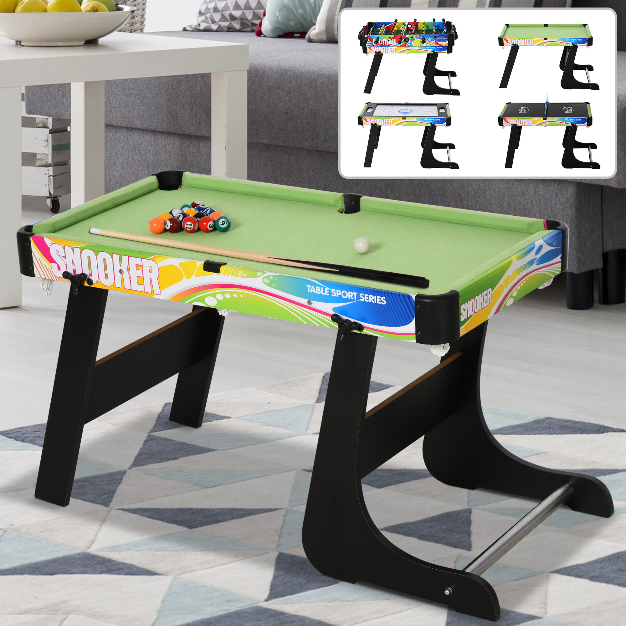 Un tavolo da biliardo con palle, stecca e accessori. Un piccolo riquadro mostra altri tavoli da gioco.