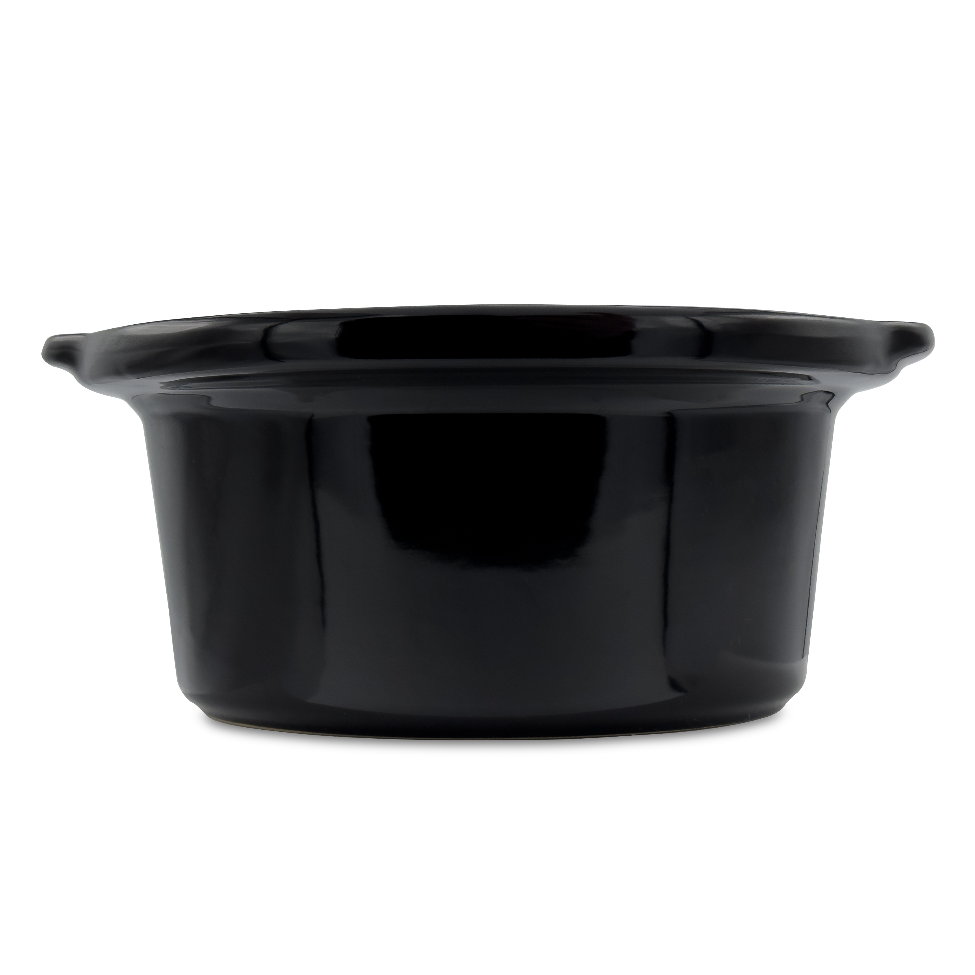 Pot en céramique noir avec une base arrondie et deux poignées, isolé sur fond blanc.