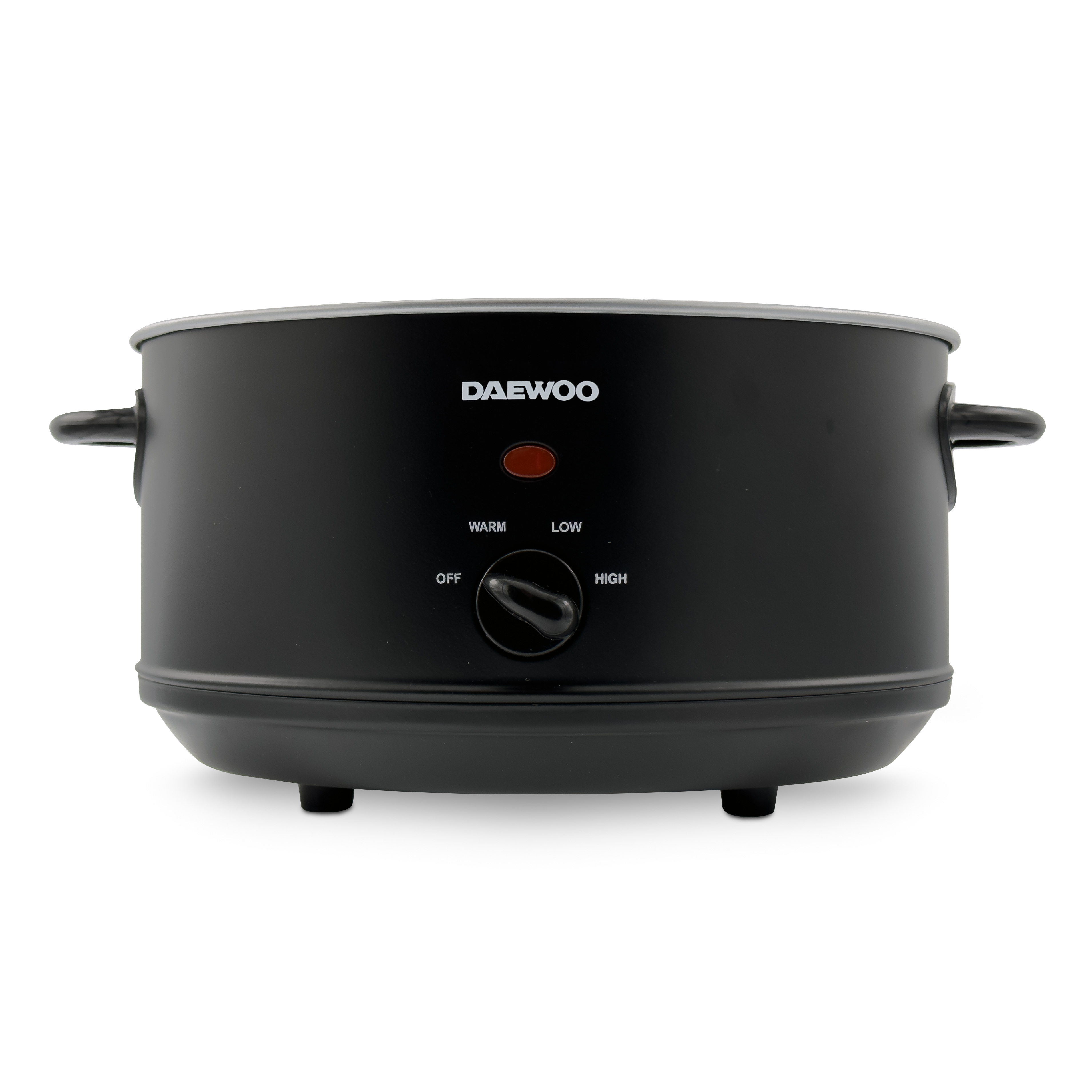 Mijoteuse Daewoo noire avec cadran de contrôle et voyants pour chaud, bas et haut.