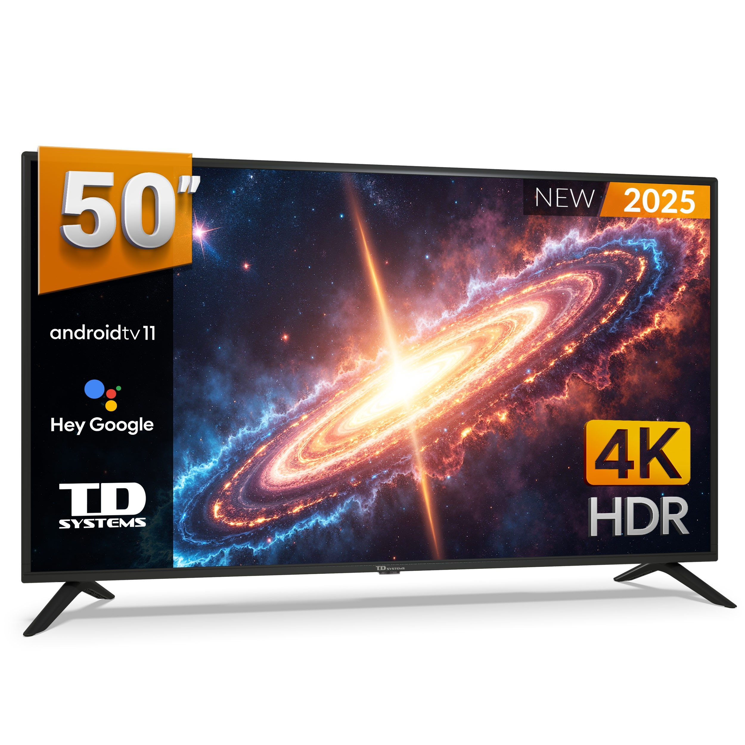 Un televisor de 50 pulgadas con una imagen de galaxia en la pantalla, marco negro y una etiqueta 'NUEVO 2025'.