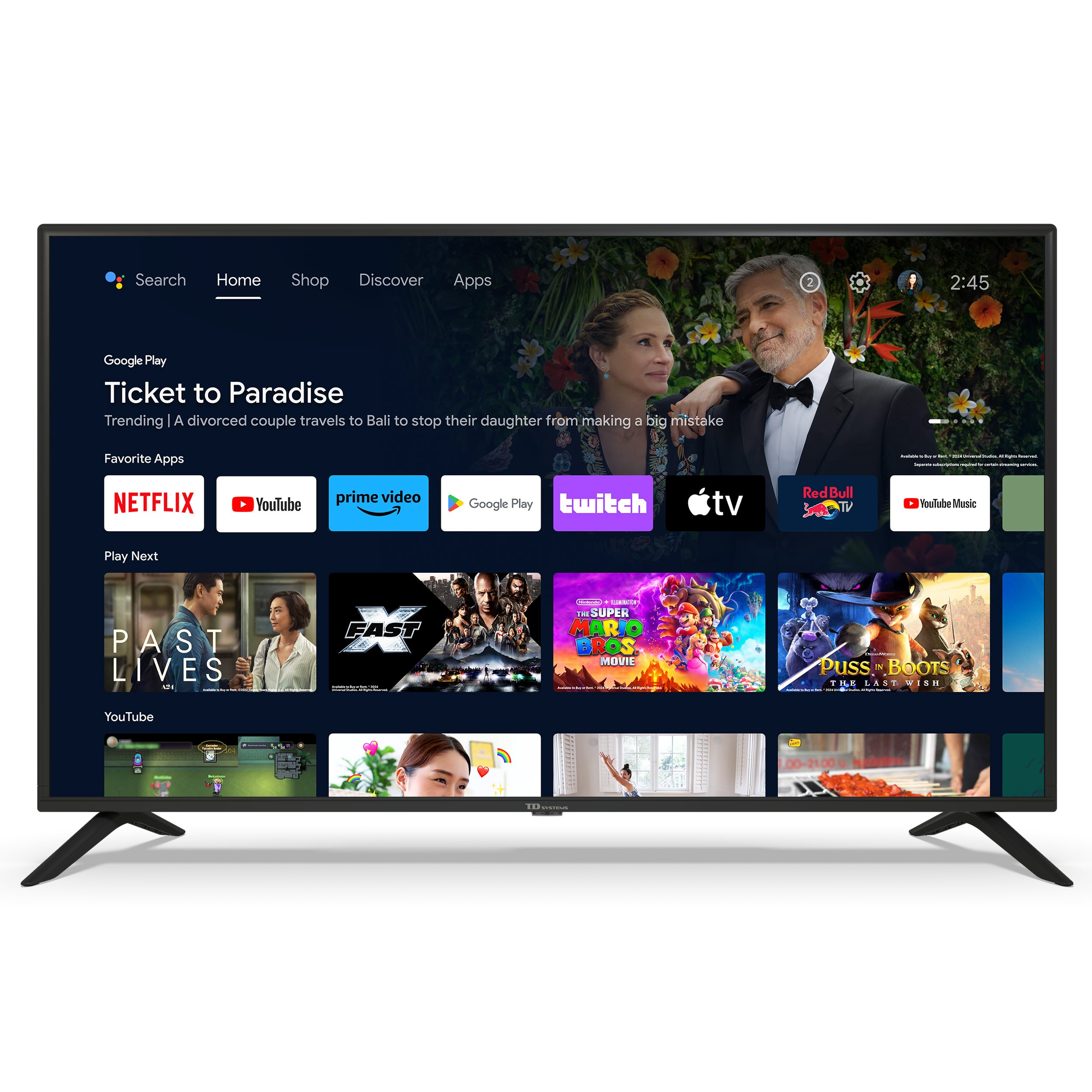 Televisor de pantalla plana mostrando Google Play y selecciones de películas. Marco negro, soporte negro.