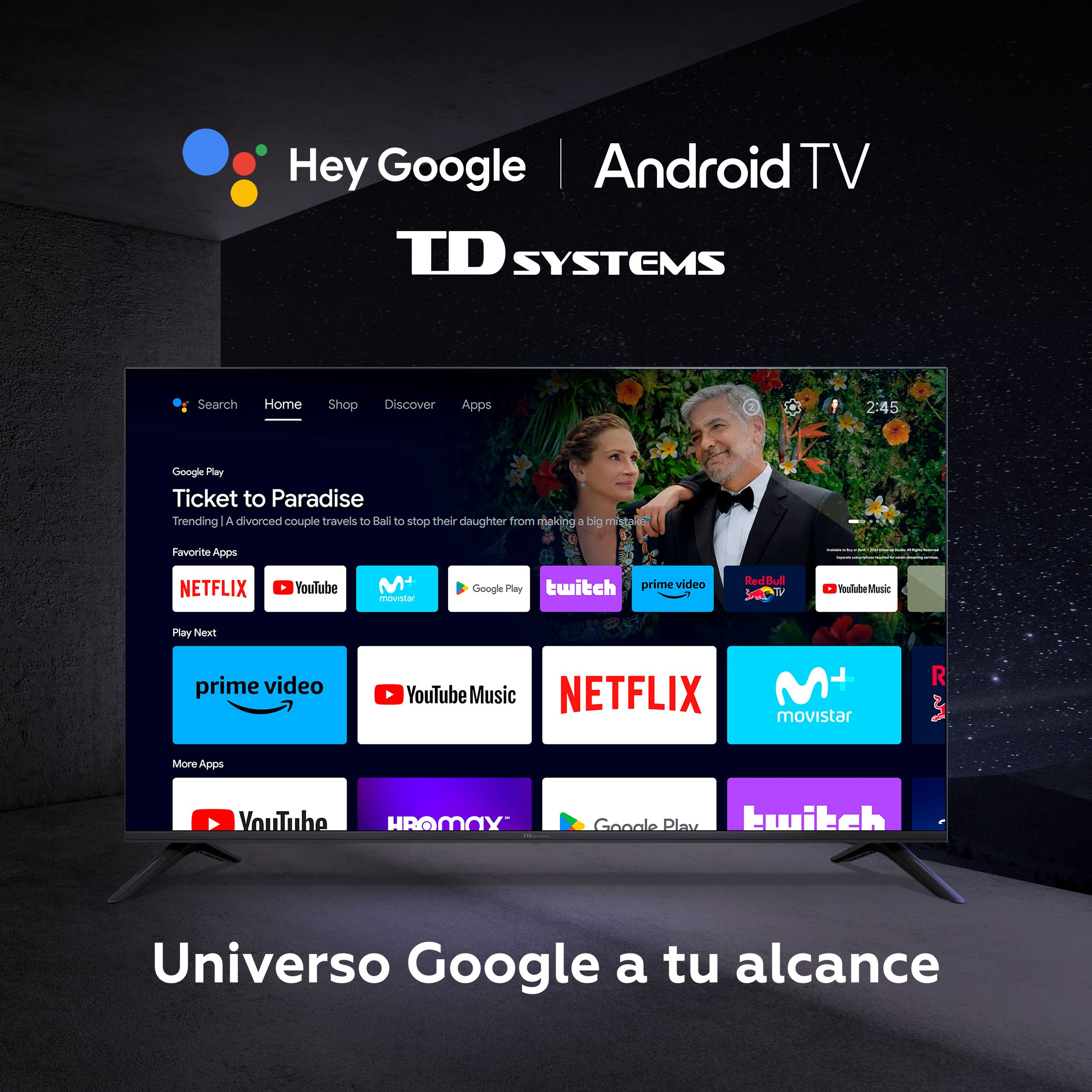 Una pantalla de TV que muestra aplicaciones de Google TV y una escena de película, con el logotipo de Google arriba.
