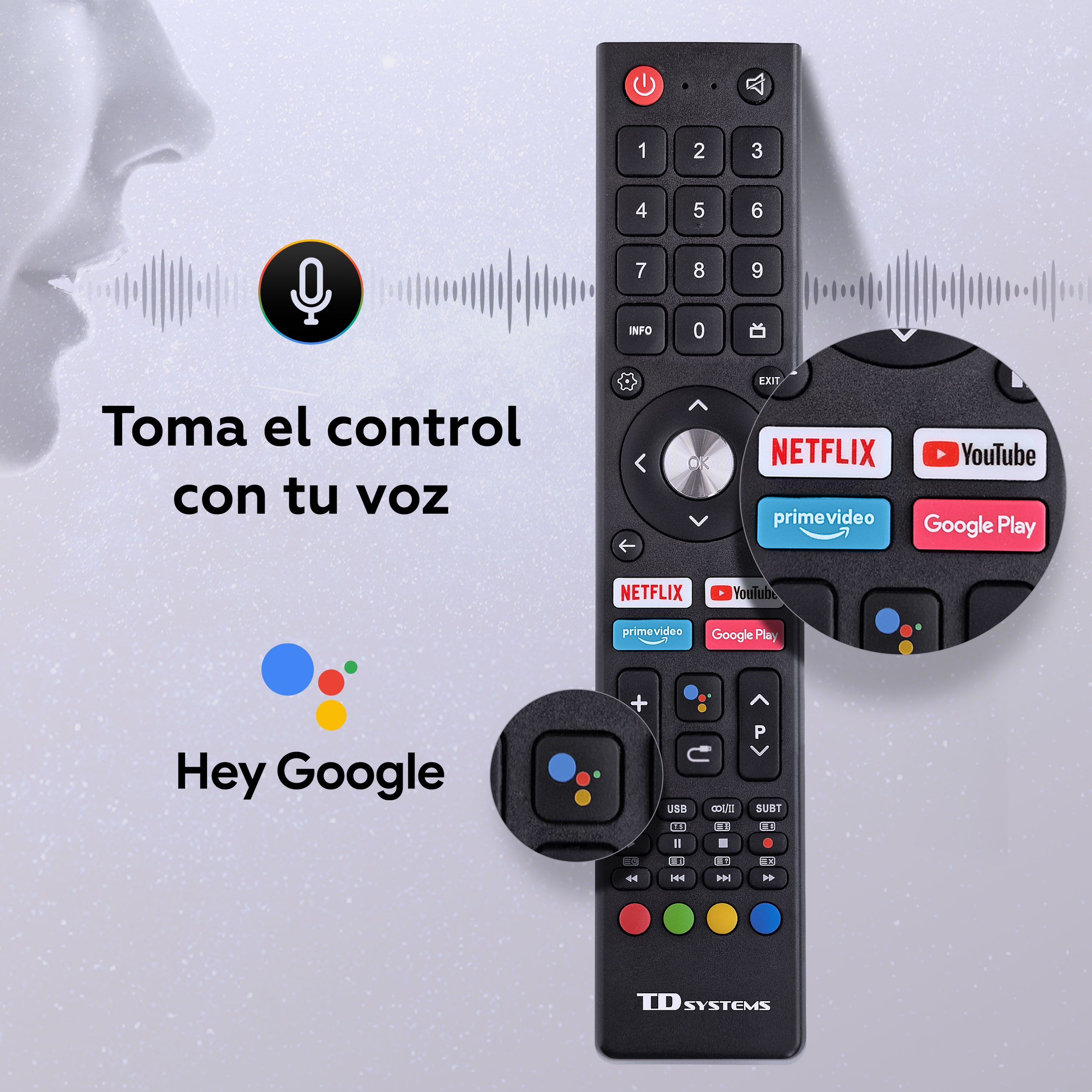 Un mando a distancia de TV con botones, logotipos de Netflix, YouTube, Google Play y un icono de comando de voz.