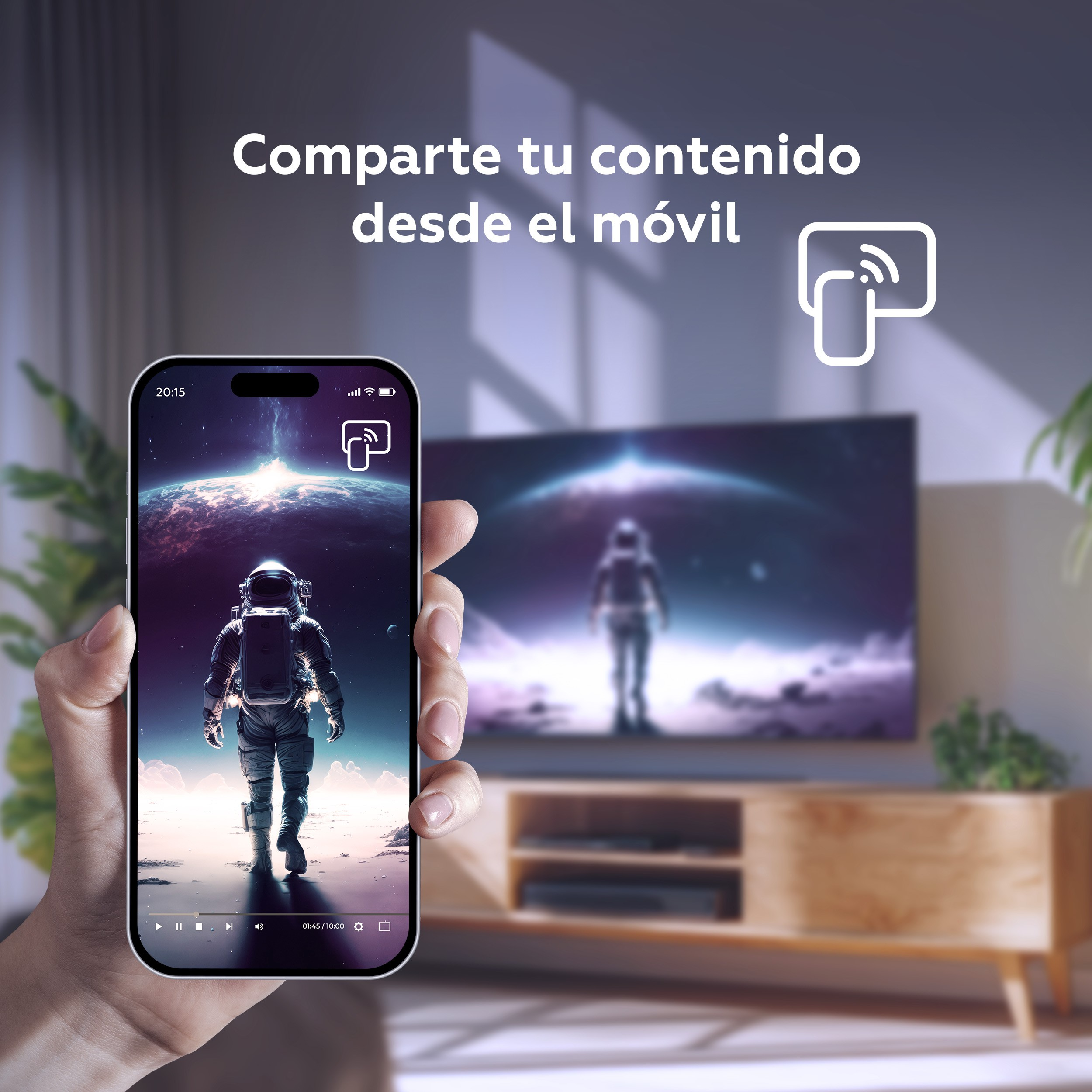 Mano sosteniendo un teléfono con un astronauta en la pantalla, reflejado en un televisor en una sala de estar.