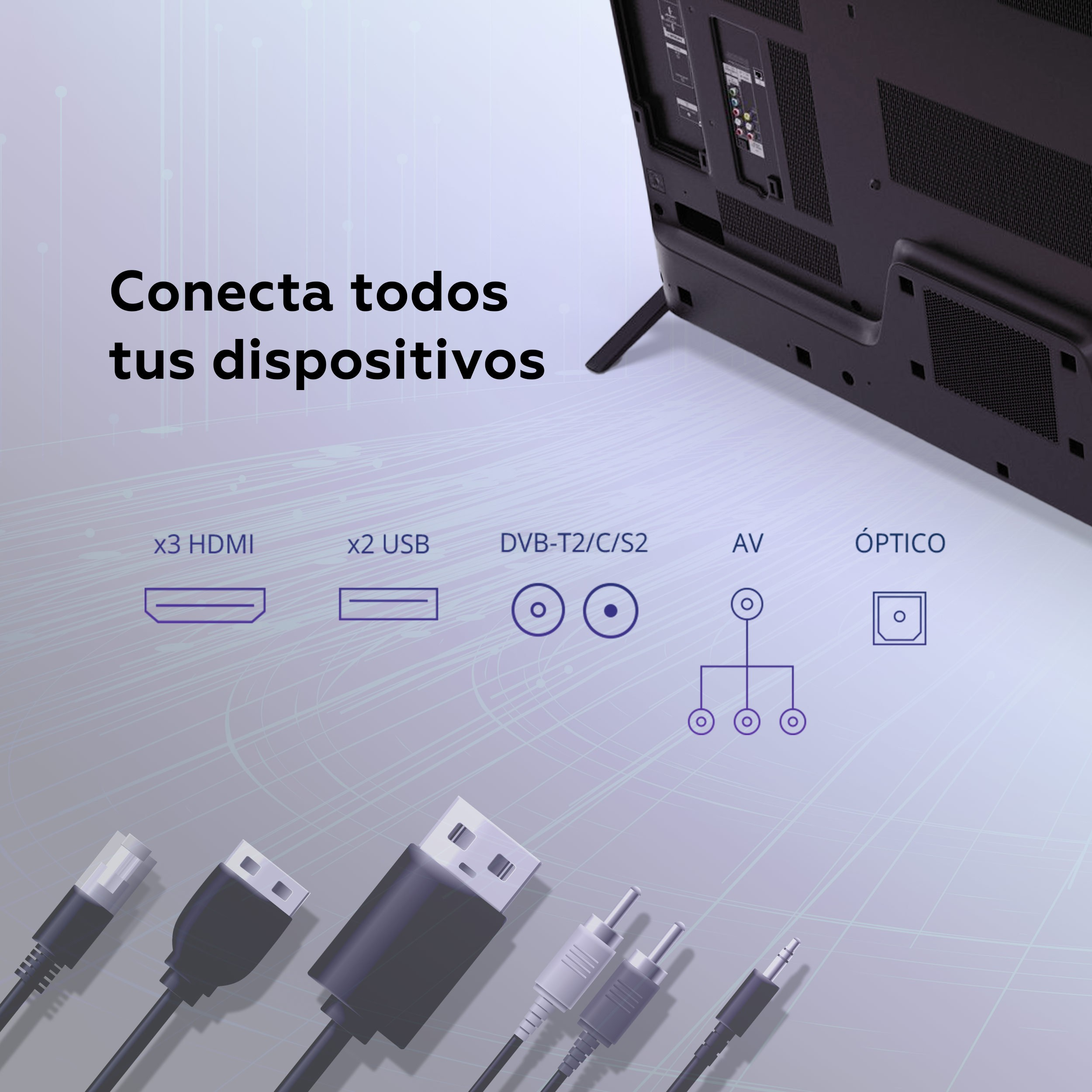Televisor con puertos y cables con texto en español.